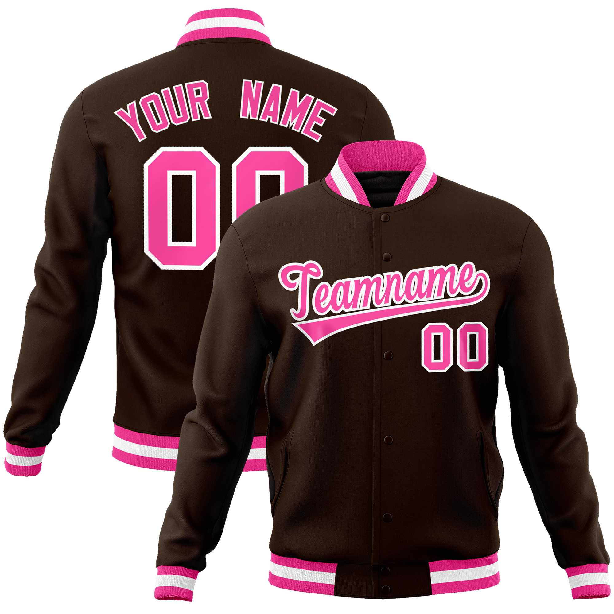 Custom Brown Pink-White Classic Style Varsity Full-Snap Letterman Jacket