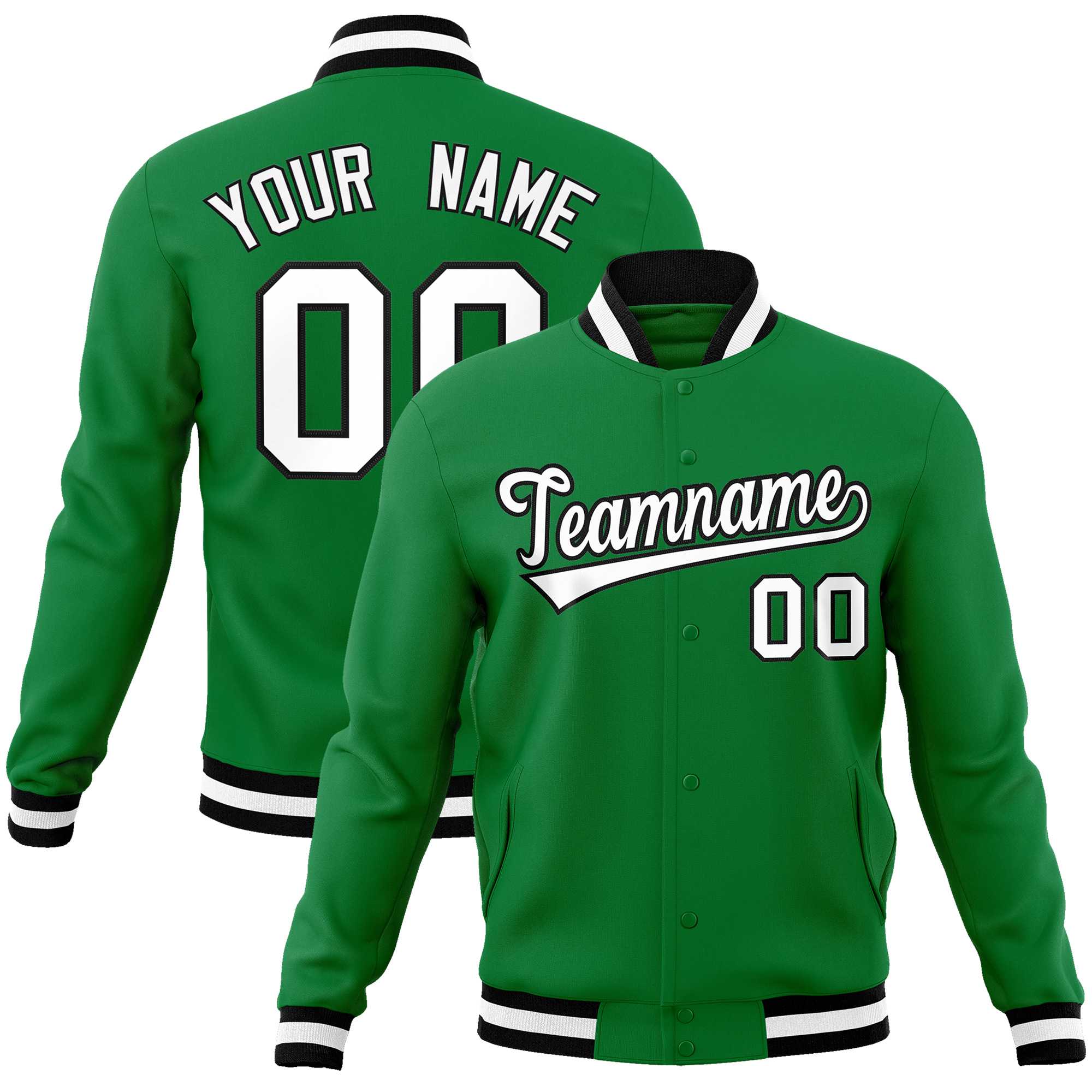 Custom Kelly Green White-Black Classic Style Varsity Full-Snap Letterman Jacket