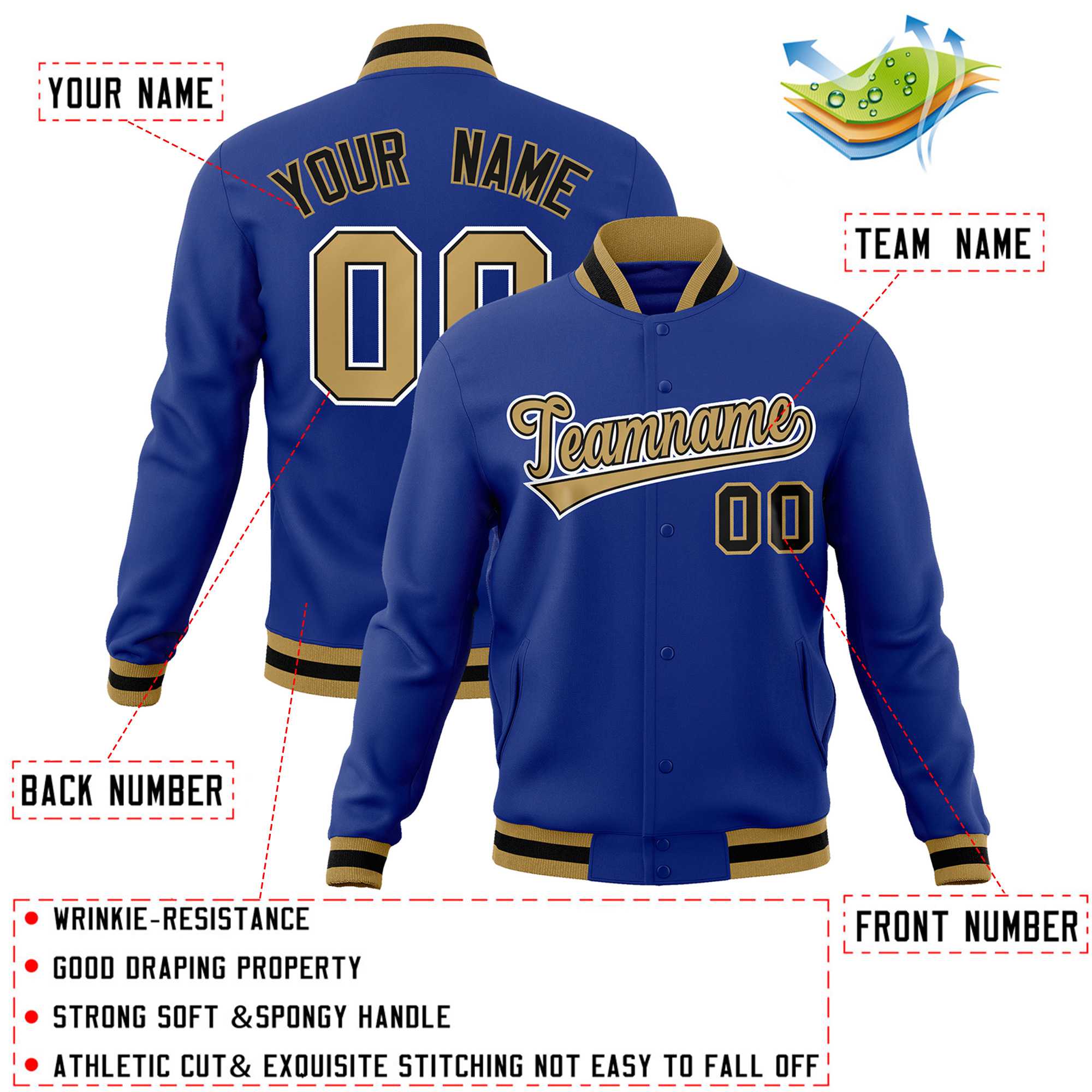 Custom Royal Old Gold-White Style classique Varsity Full-Snap Letterman Veste