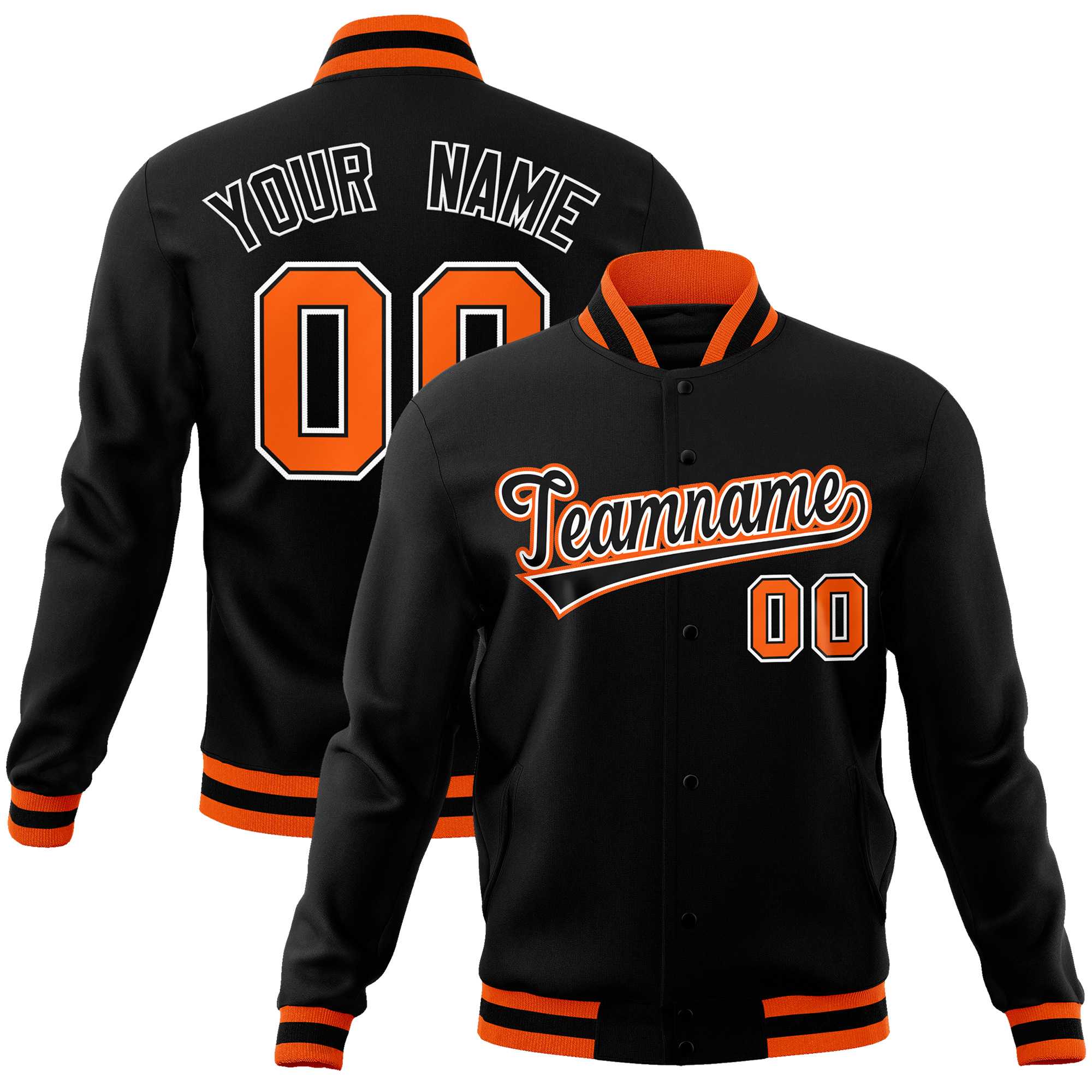 Custom Black Black-Orange Classic Style Varsity Full-Snap Letterman Jacket