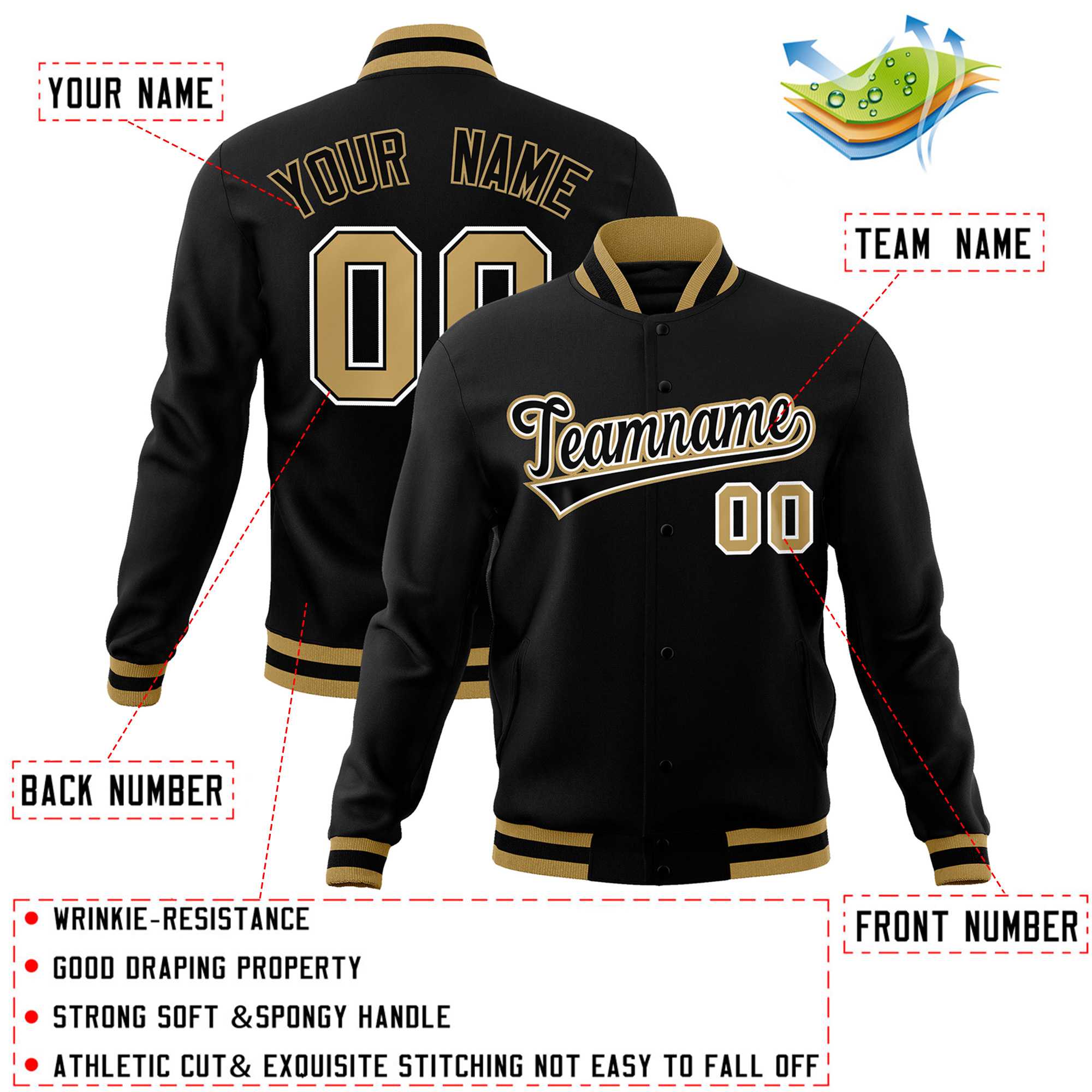 Custom Black Black-Old Gold Classic Style Varsity Full-Snap Letterman Jacket