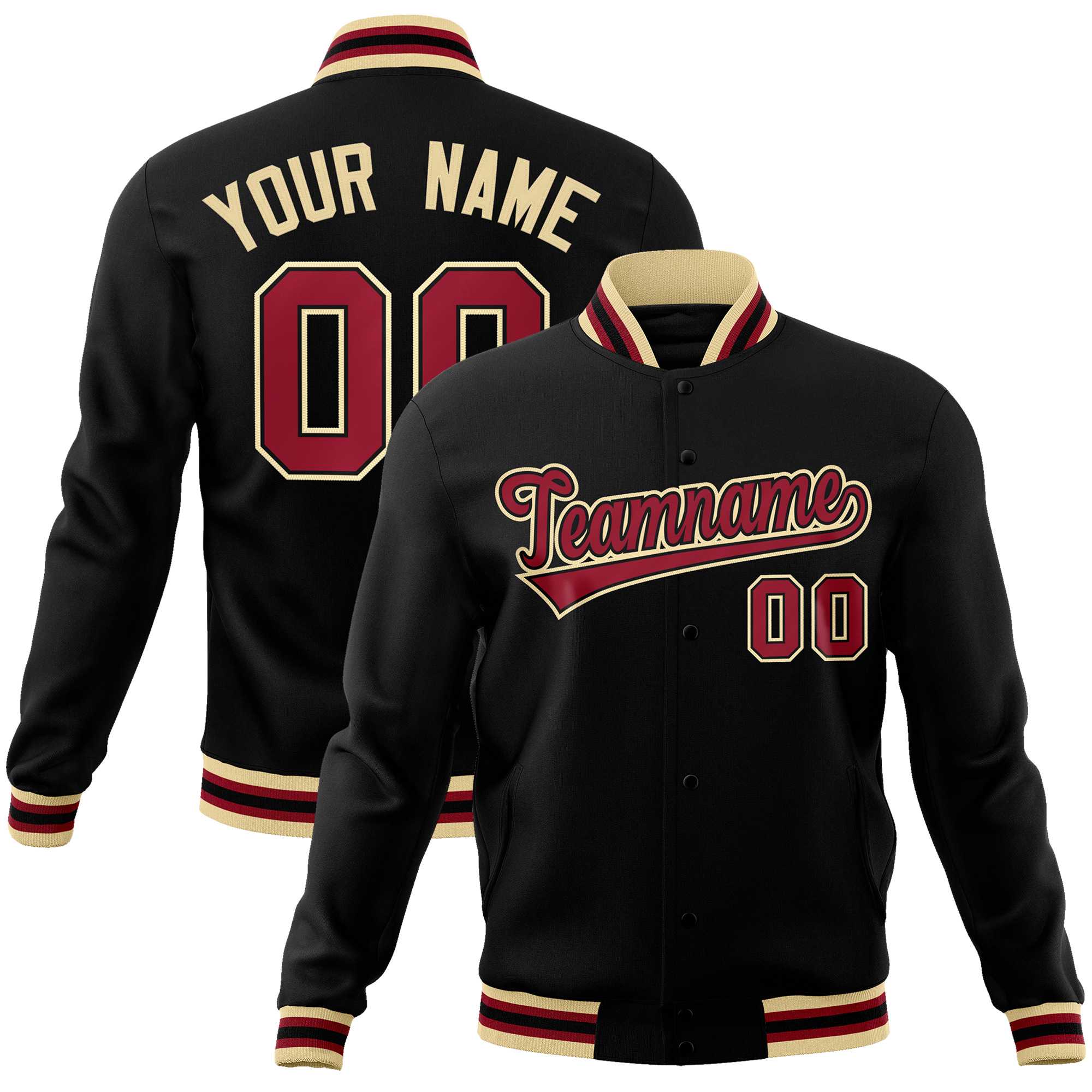 Custom Black Crimson-Khaki Classic Style Varsity Full-Snap Letterman Jacket