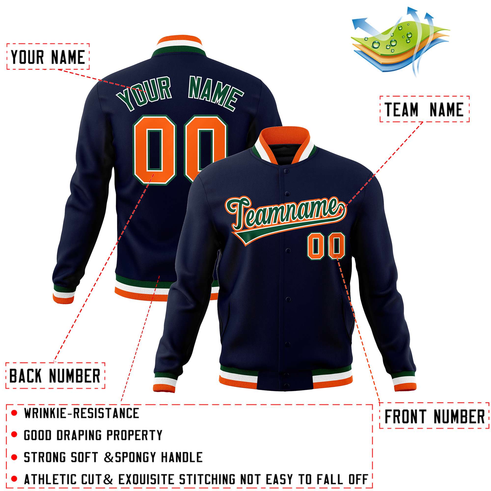 Custom Navy Green-Orange Classic Style Varsity Full-Snap Letterman Jacket