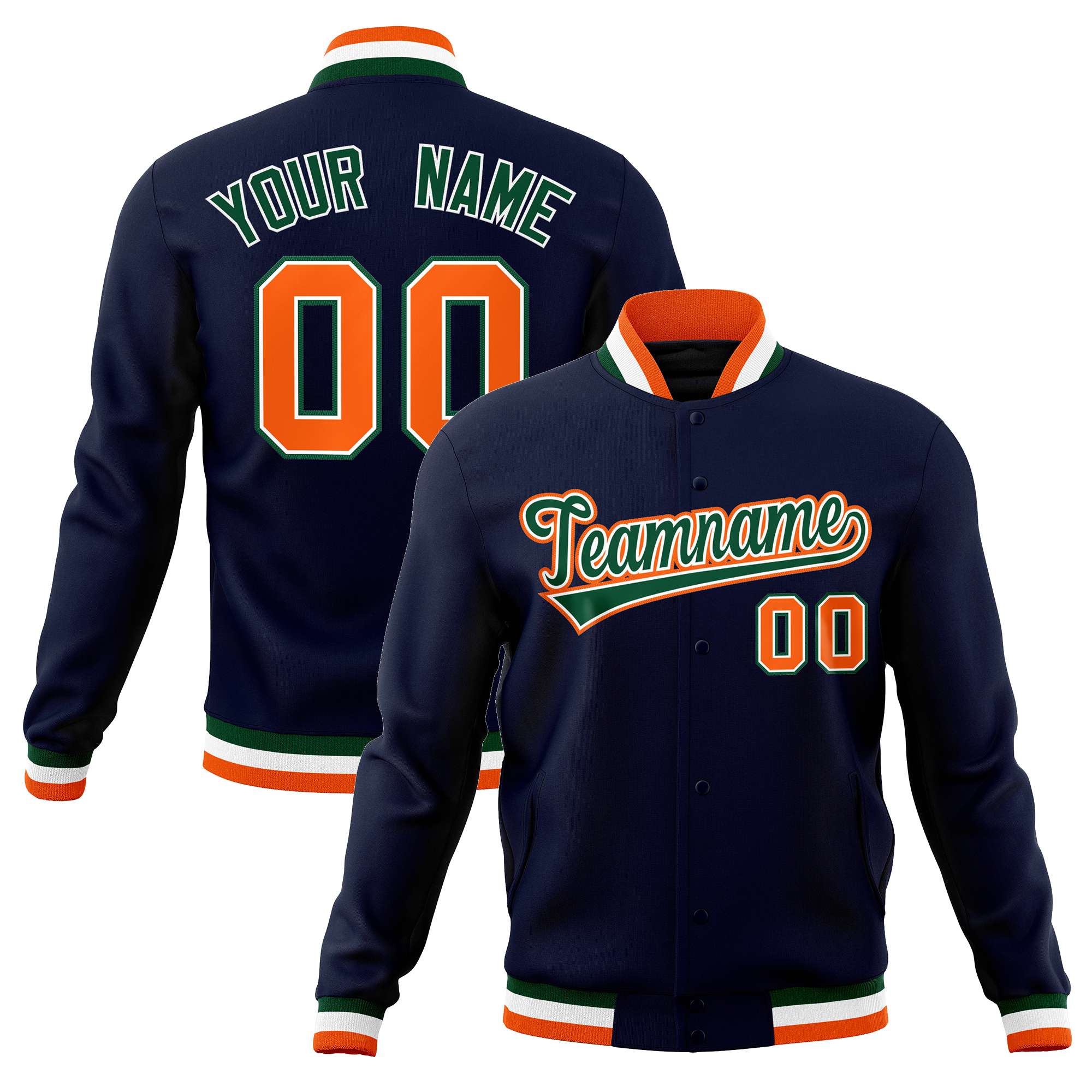 Custom Navy Green-Orange Classic Style Varsity Full-Snap Letterman Jacket