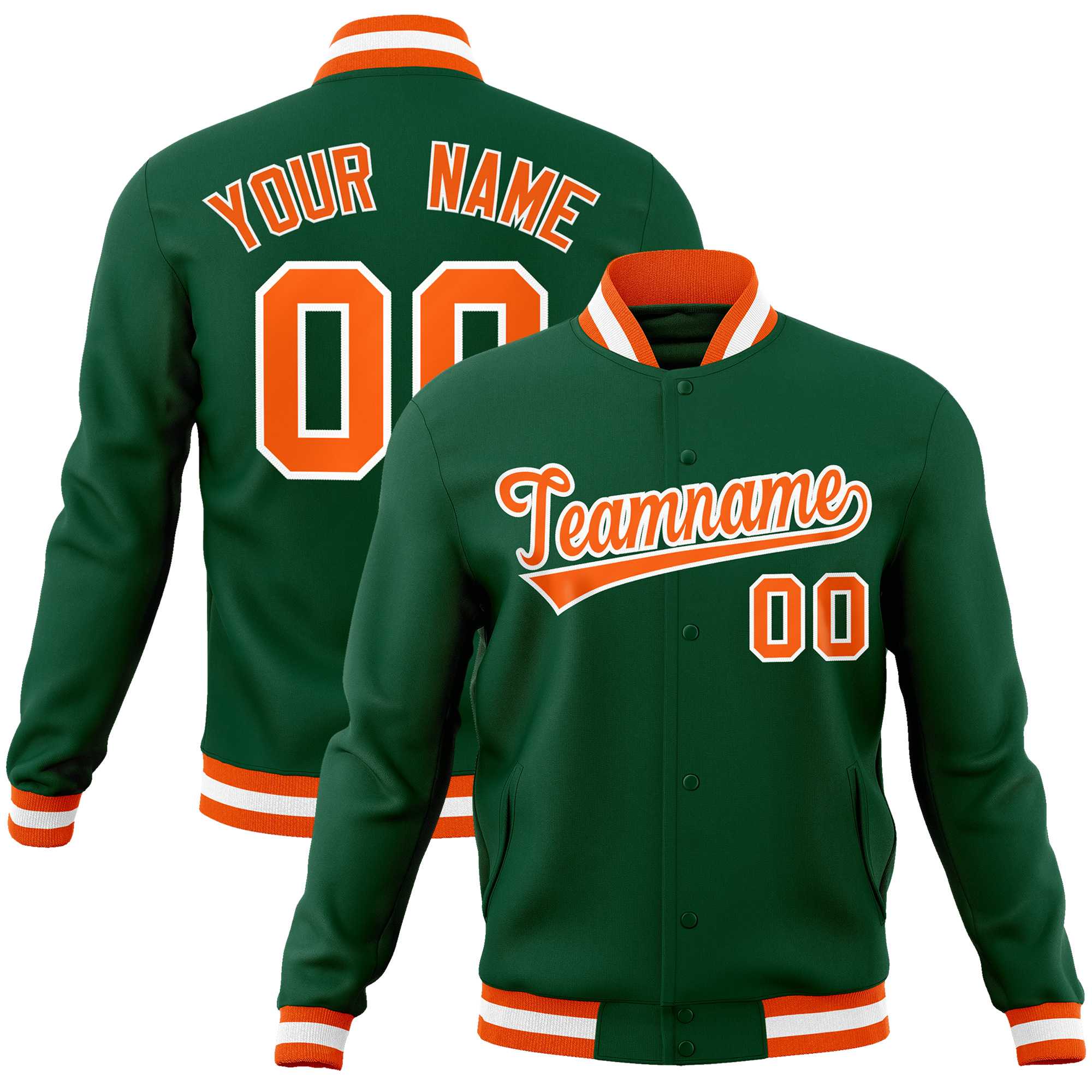 Custom Green Orange-White Classic Style Varsity Full-Snap Letterman Jacket