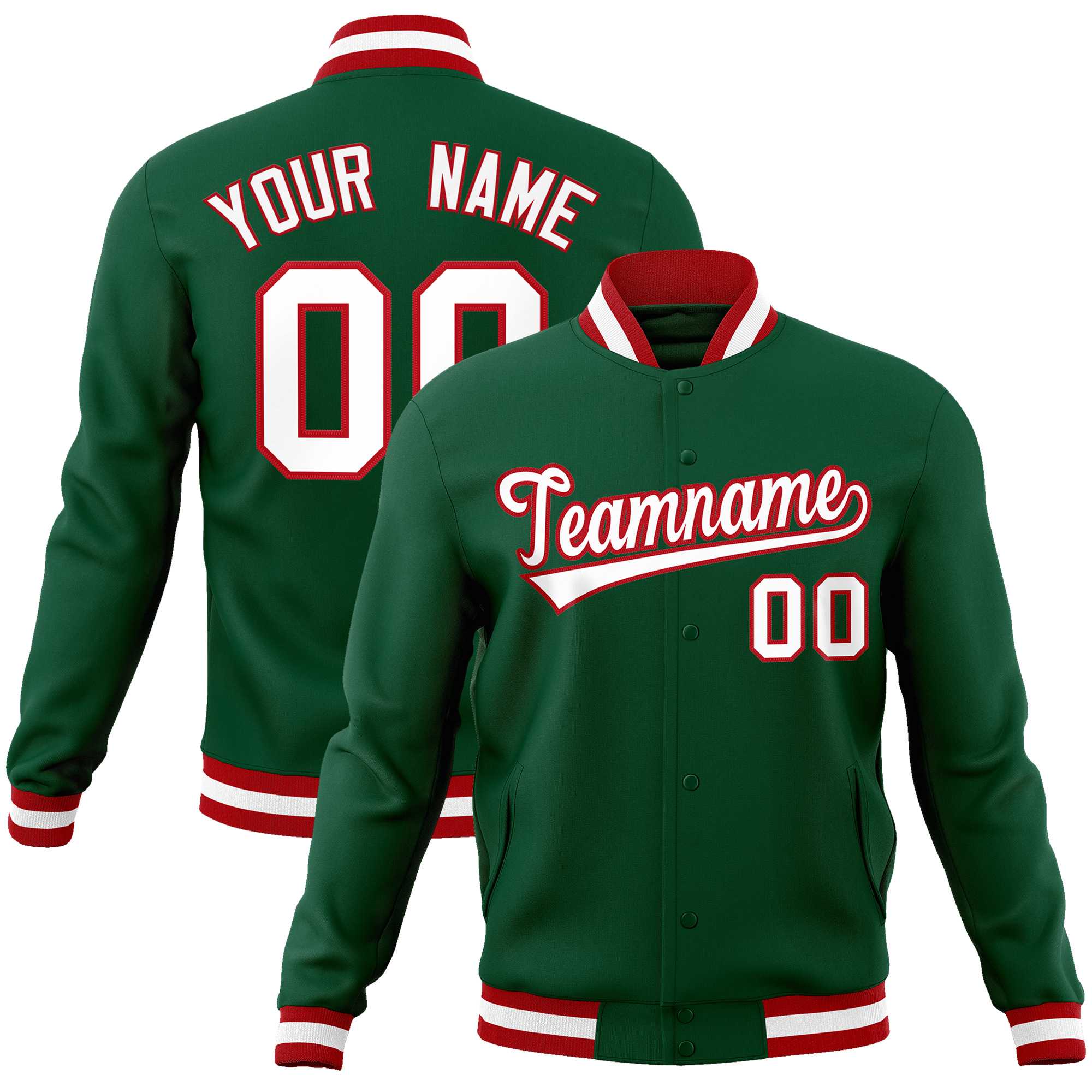 Custom Green White-Red Classic Style Varsity Full-Snap Letterman Jacket