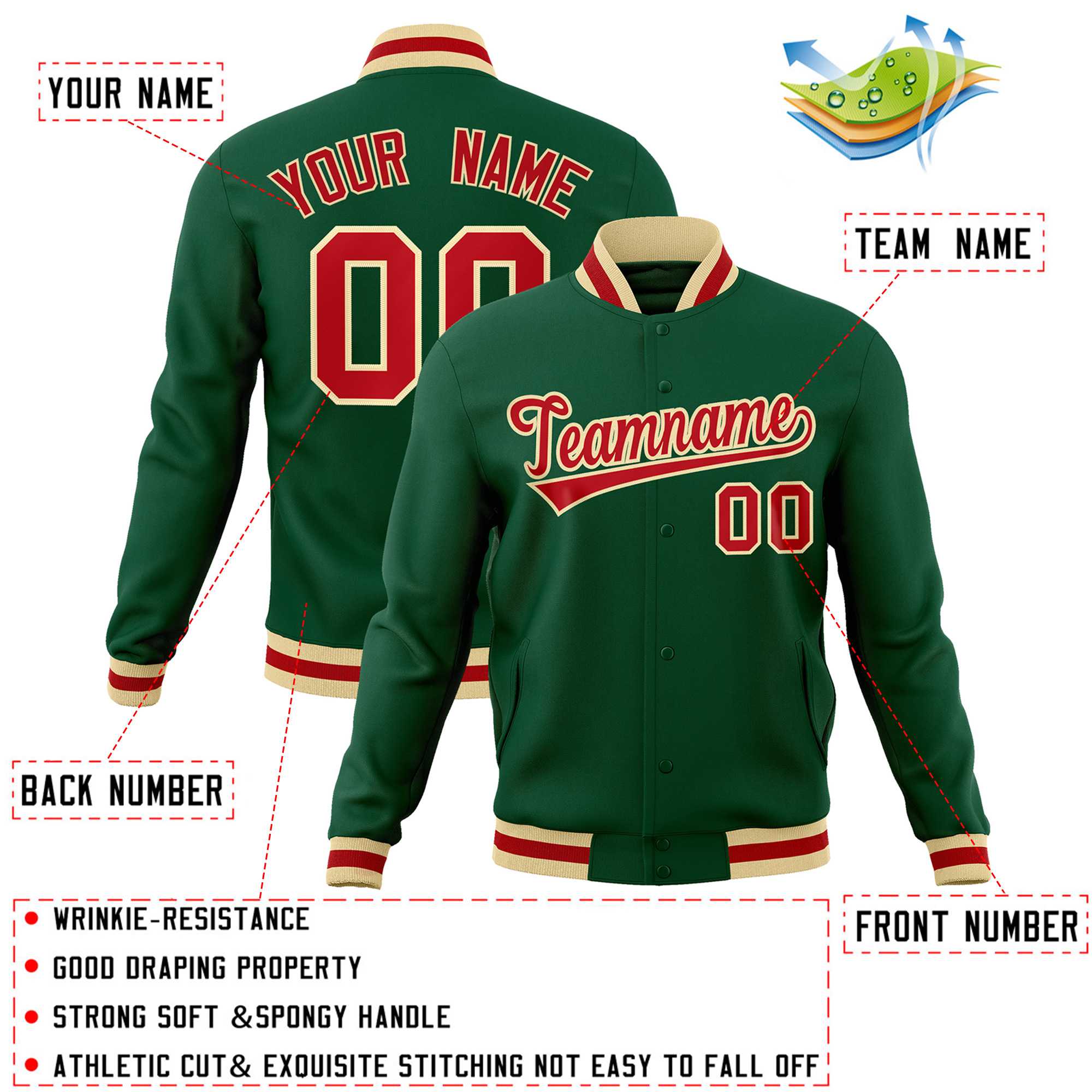 Custom Green Red-Khaki Classic Style Varsity Full-Snap Letterman Jacket