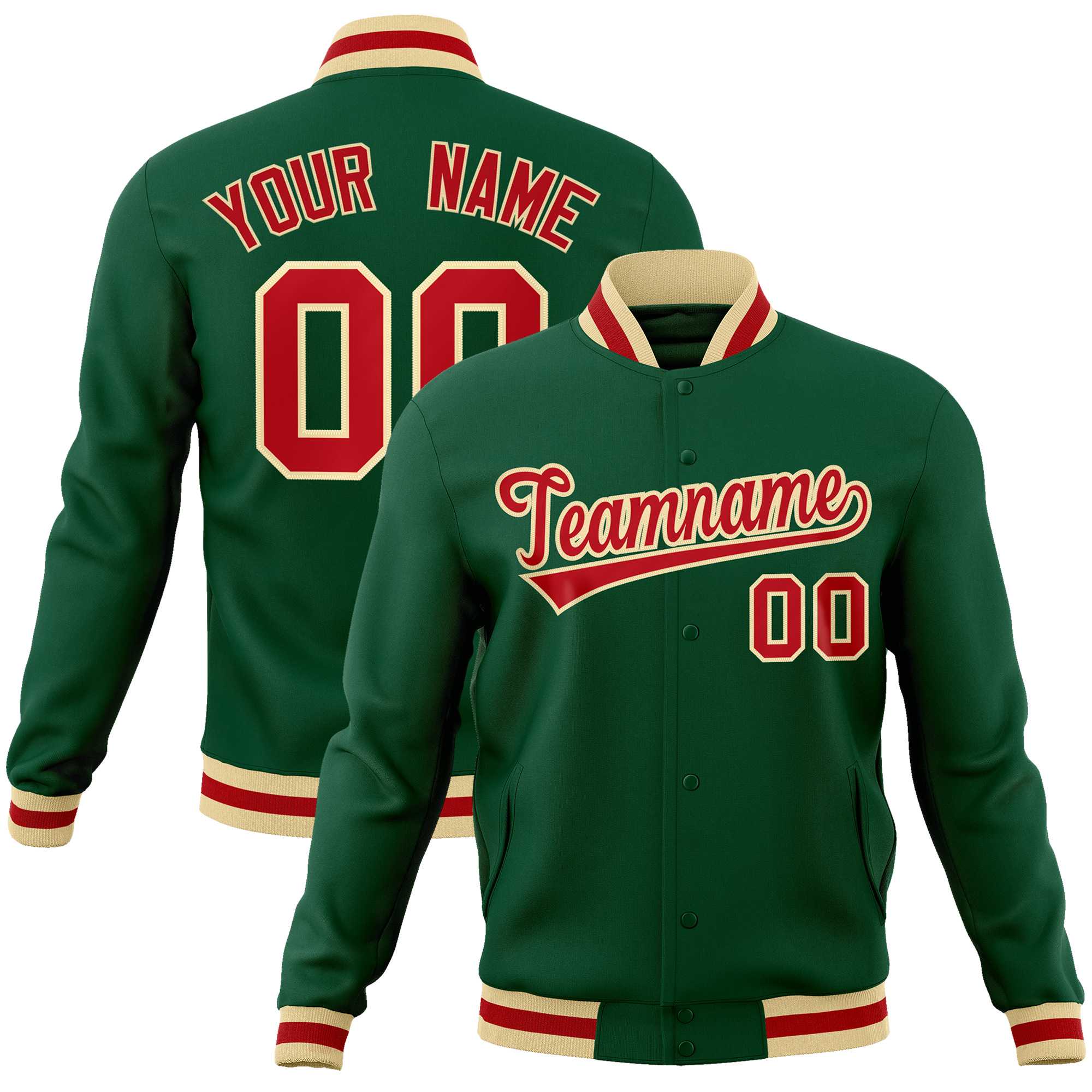 Custom Green Red-Khaki Classic Style Varsity Full-Snap Letterman Jacket