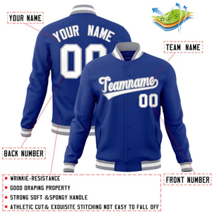 Custom Royal White-Gray Classic Style Varsity Full-Snap Letterman Jacket