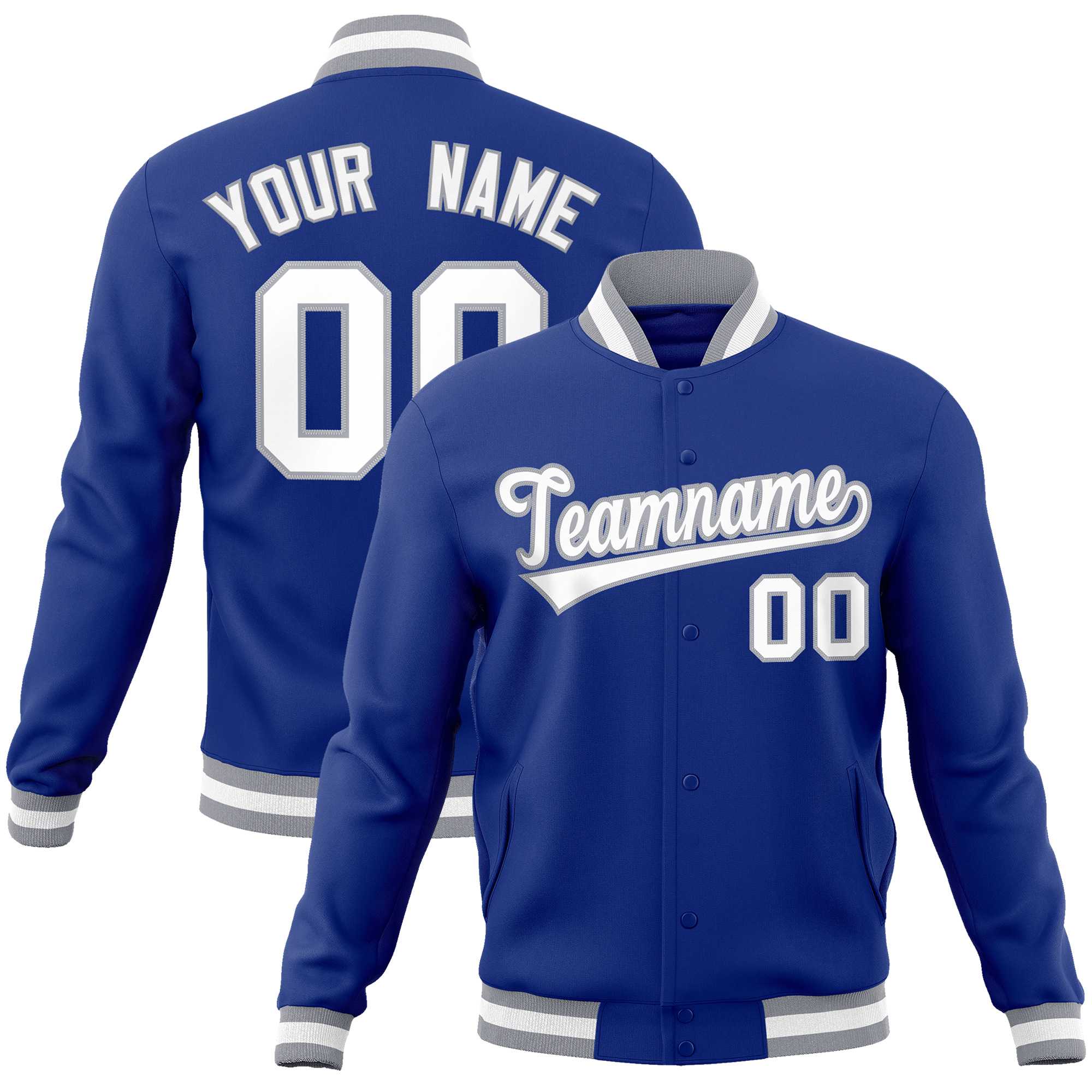 Custom Royal White-Gray Classic Style Varsity Full-Snap Letterman Jacket