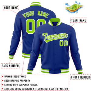 Custom Royal Neon Green-White Classic Style Varsity Full-Snap Letterman Jacket