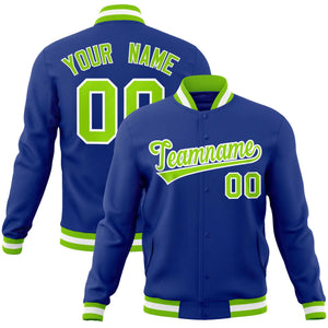 Custom Royal Neon Green-White Classic Style Varsity Full-Snap Letterman Jacket