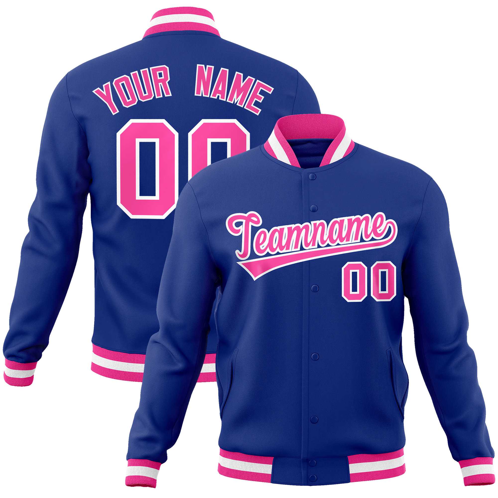 Custom Royal Pink-White Classic Style Varsity Full-Snap Letterman Jacket