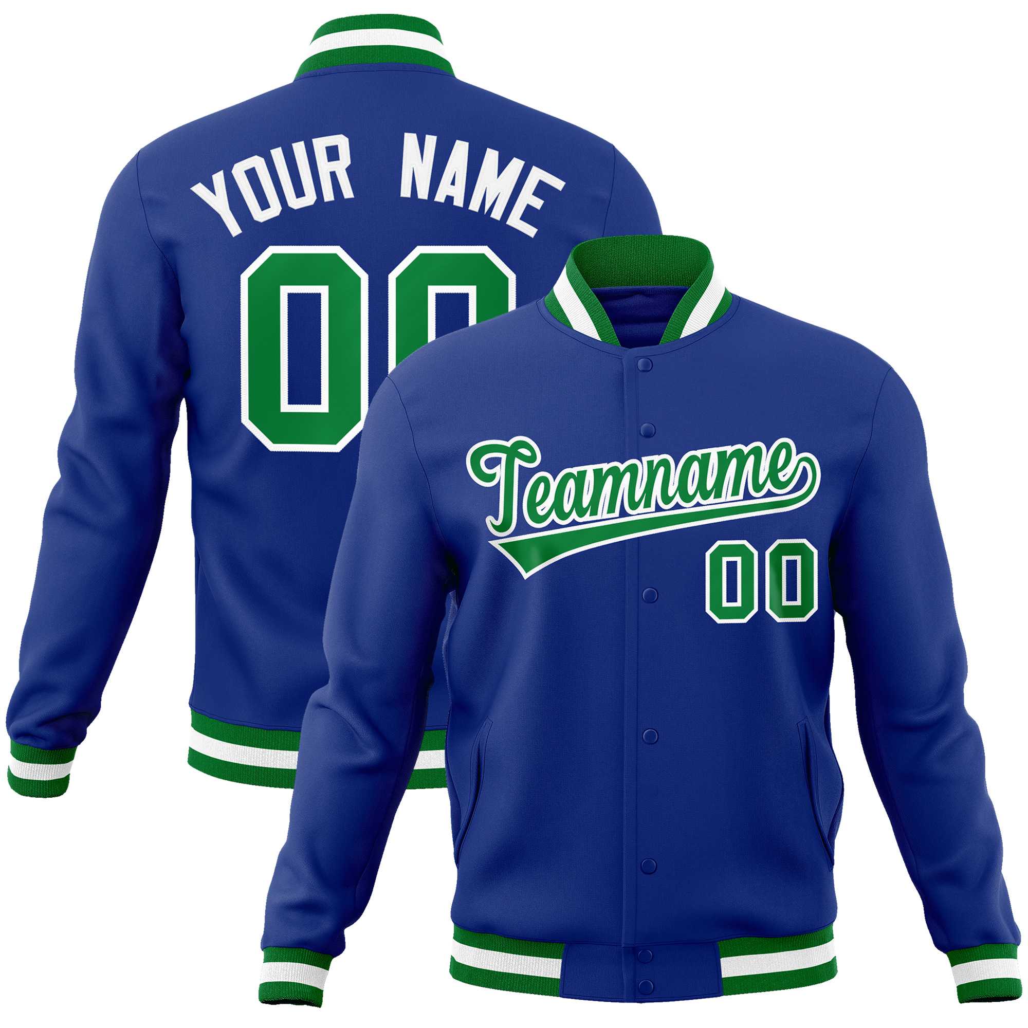 Custom Royal Kelly Green-White Classic Style Varsity Full-Snap Letterman Jacket