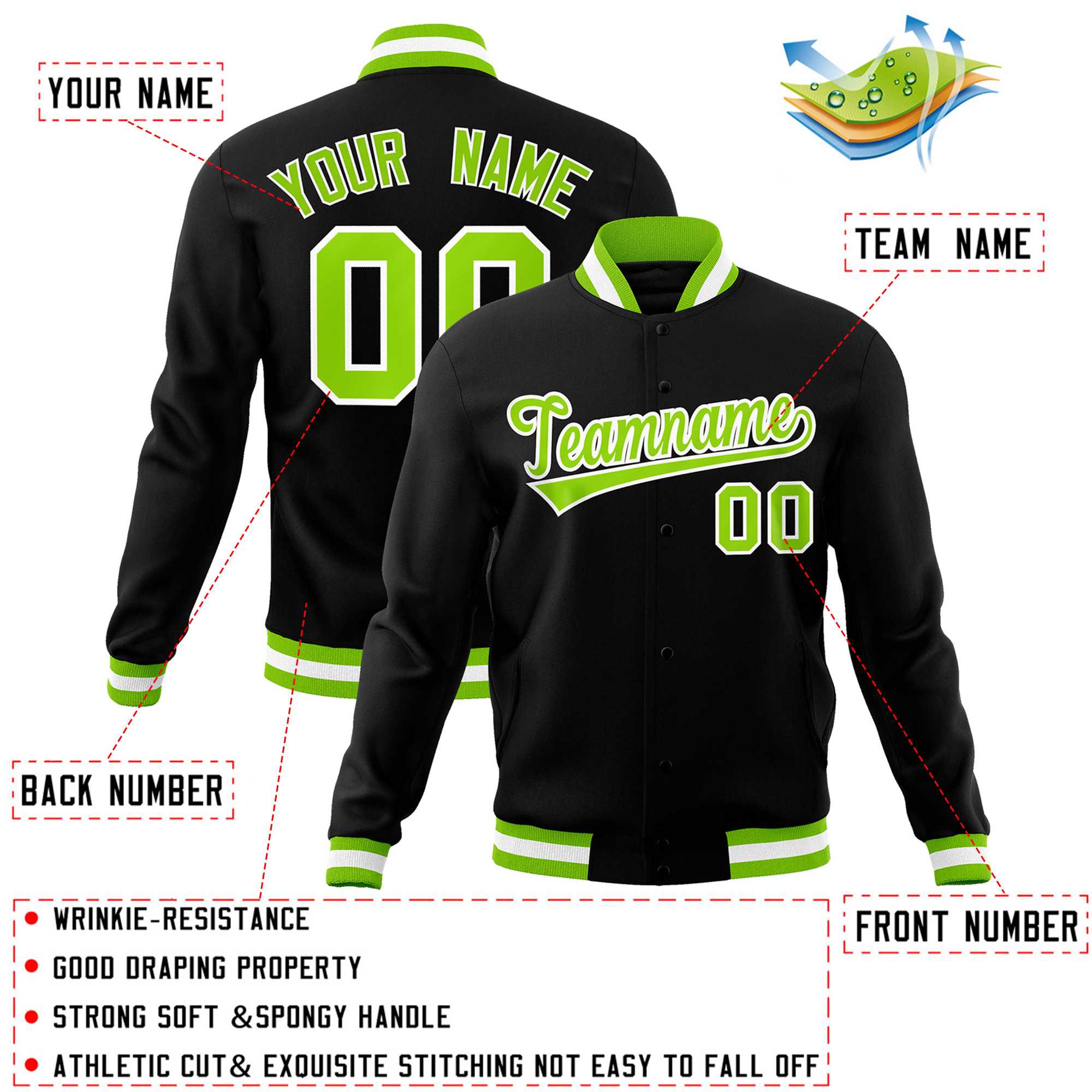 Custom Black Neon Green-White Classic Style Varsity Full-Snap Letterman Jacket