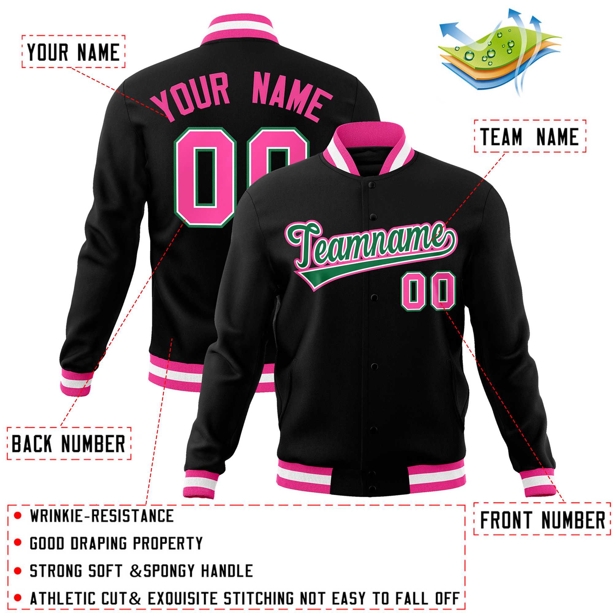 Custom Black Kelly Green-Pink Classic Style Varsity Full-Snap Letterman Jacket