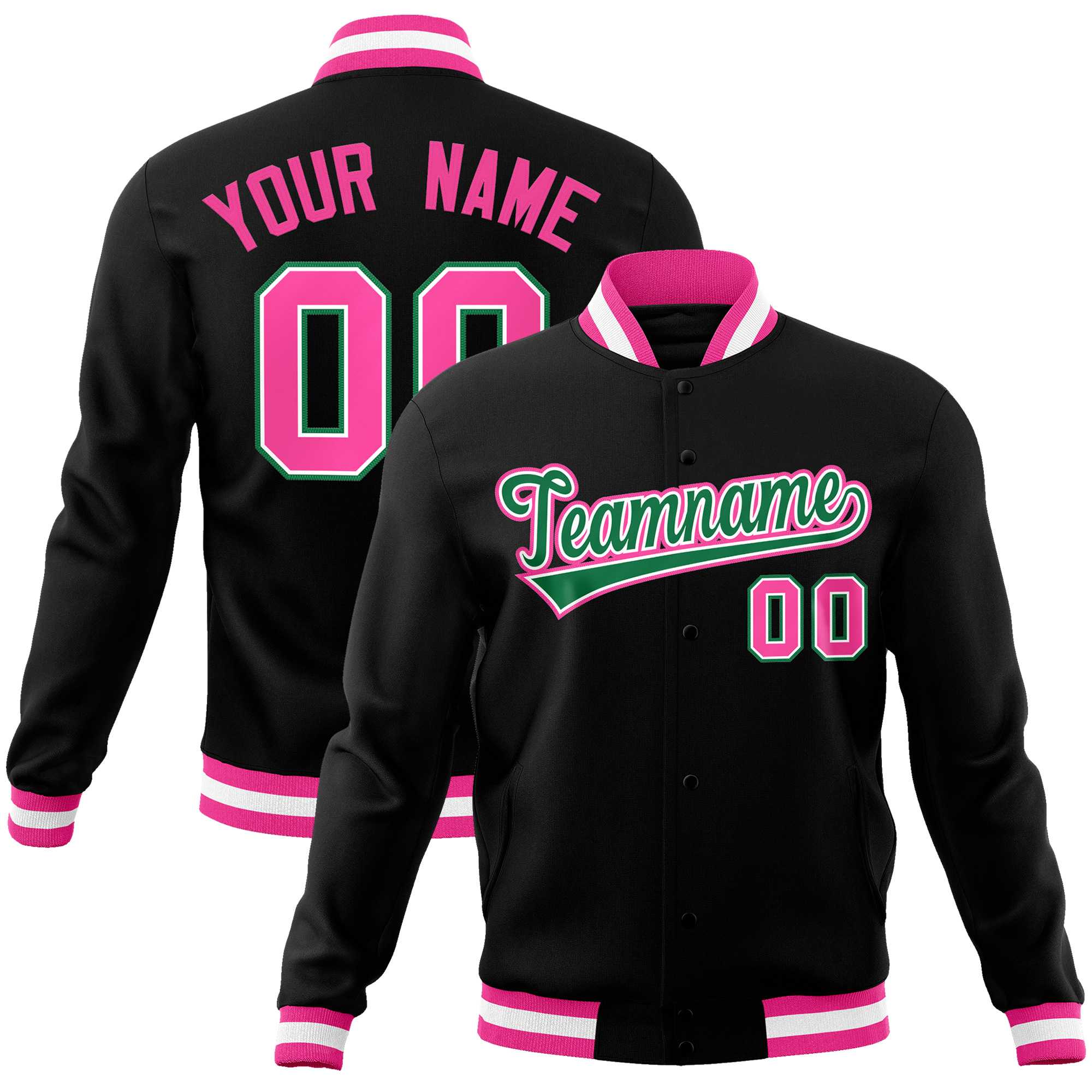 Custom Black Kelly Green-Pink Classic Style Varsity Full-Snap Letterman Jacket