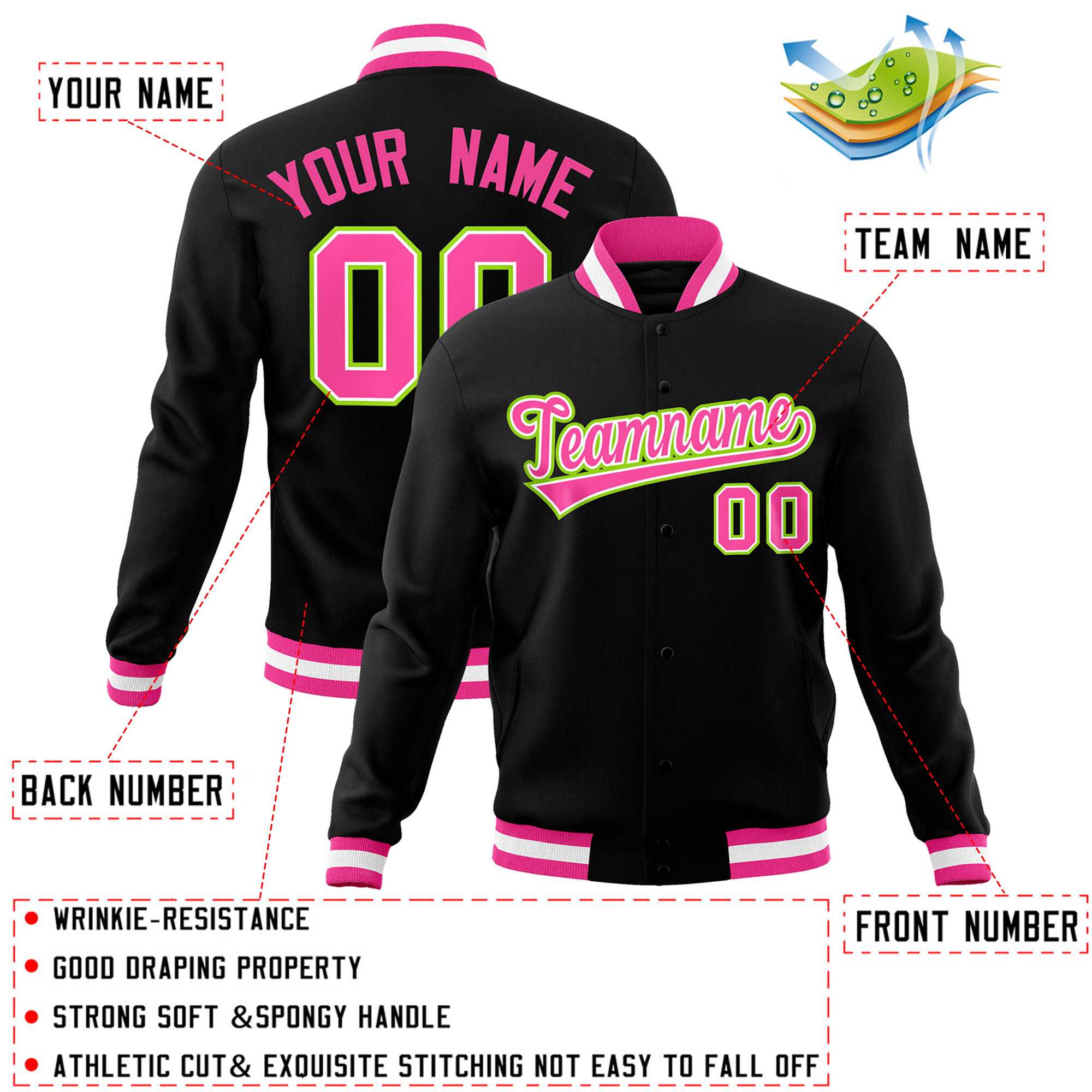 Custom Black Pink-Neon Green Classic Style Varsity Full-Snap Letterman Jacket