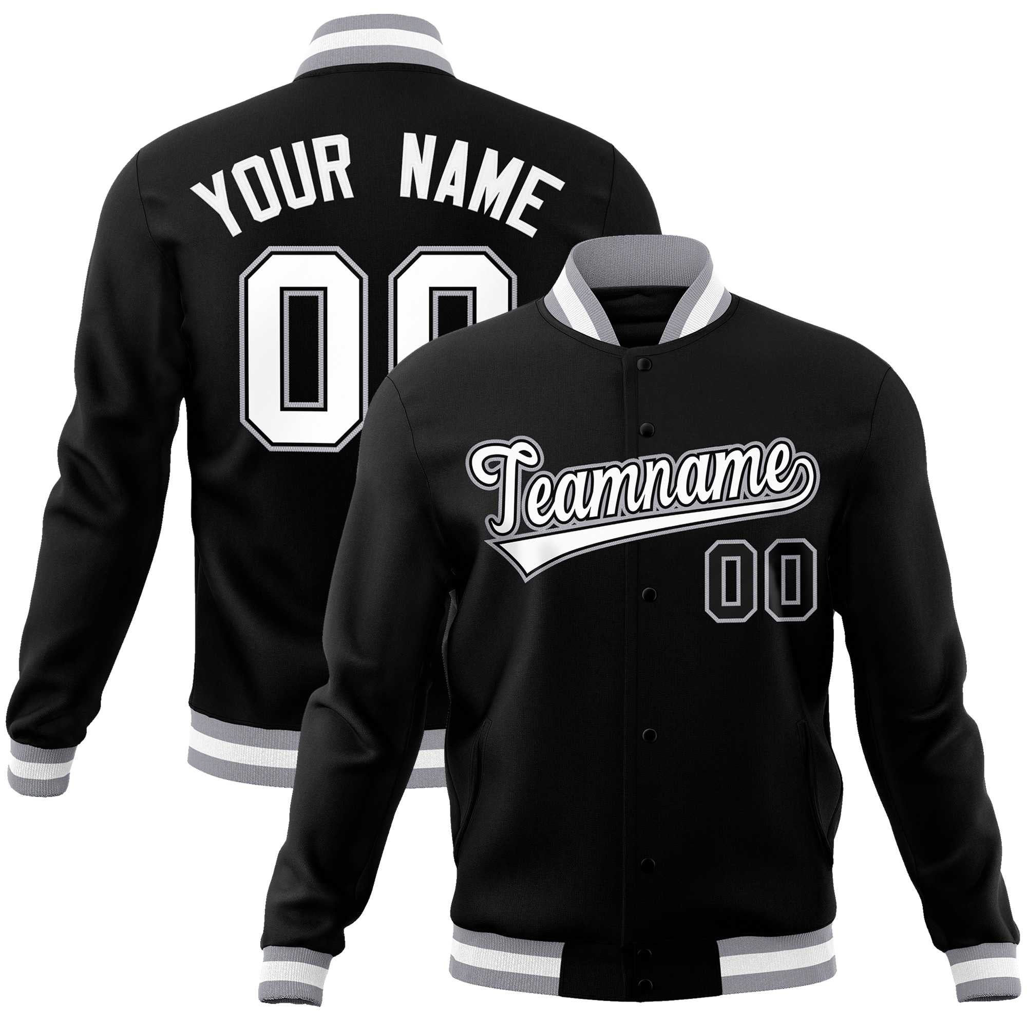 Custom Black White-Gray Classic Style Varsity Full-Snap Letterman Jacket