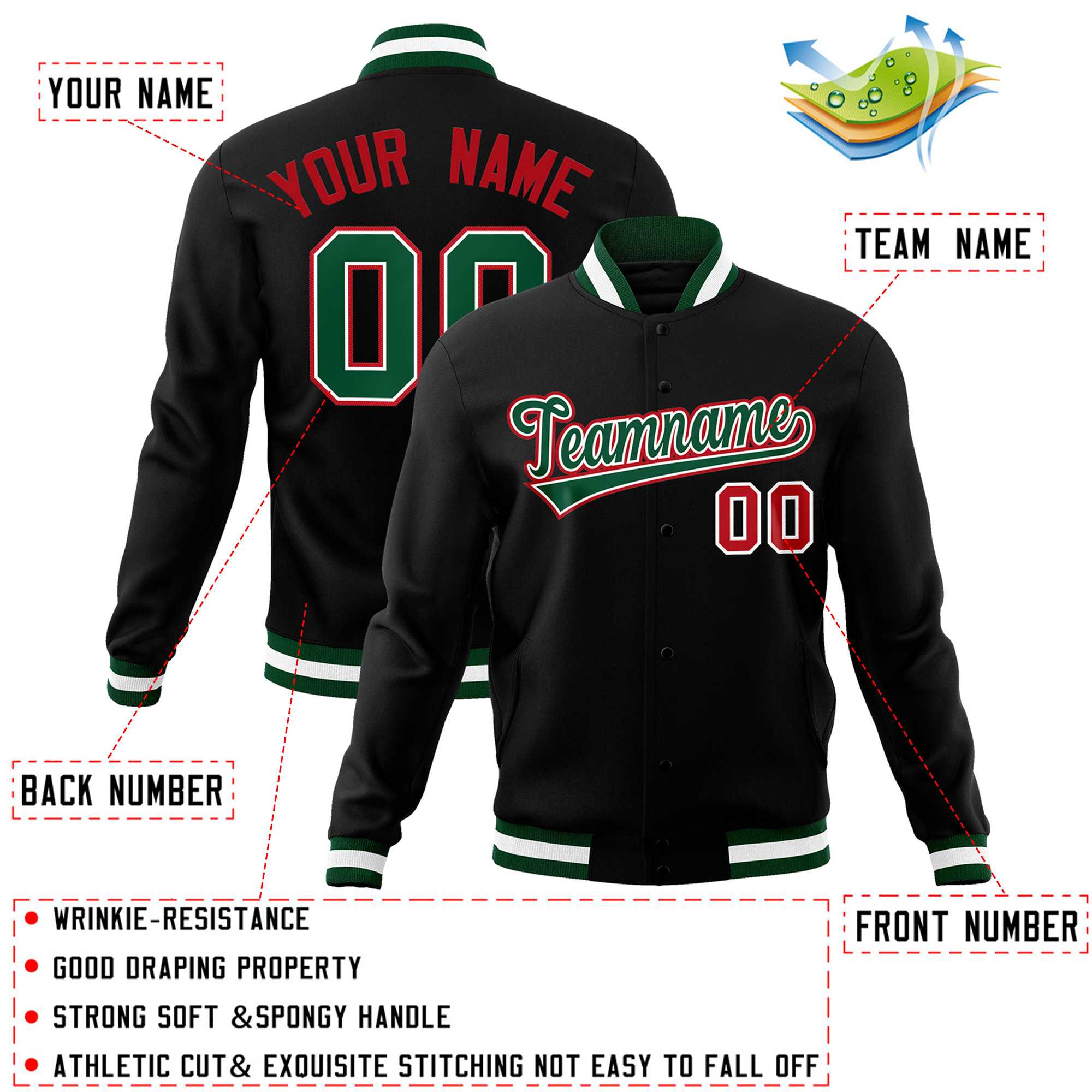 Custom Black Green-Red Classic Style Varsity Full-Snap Letterman Jacket