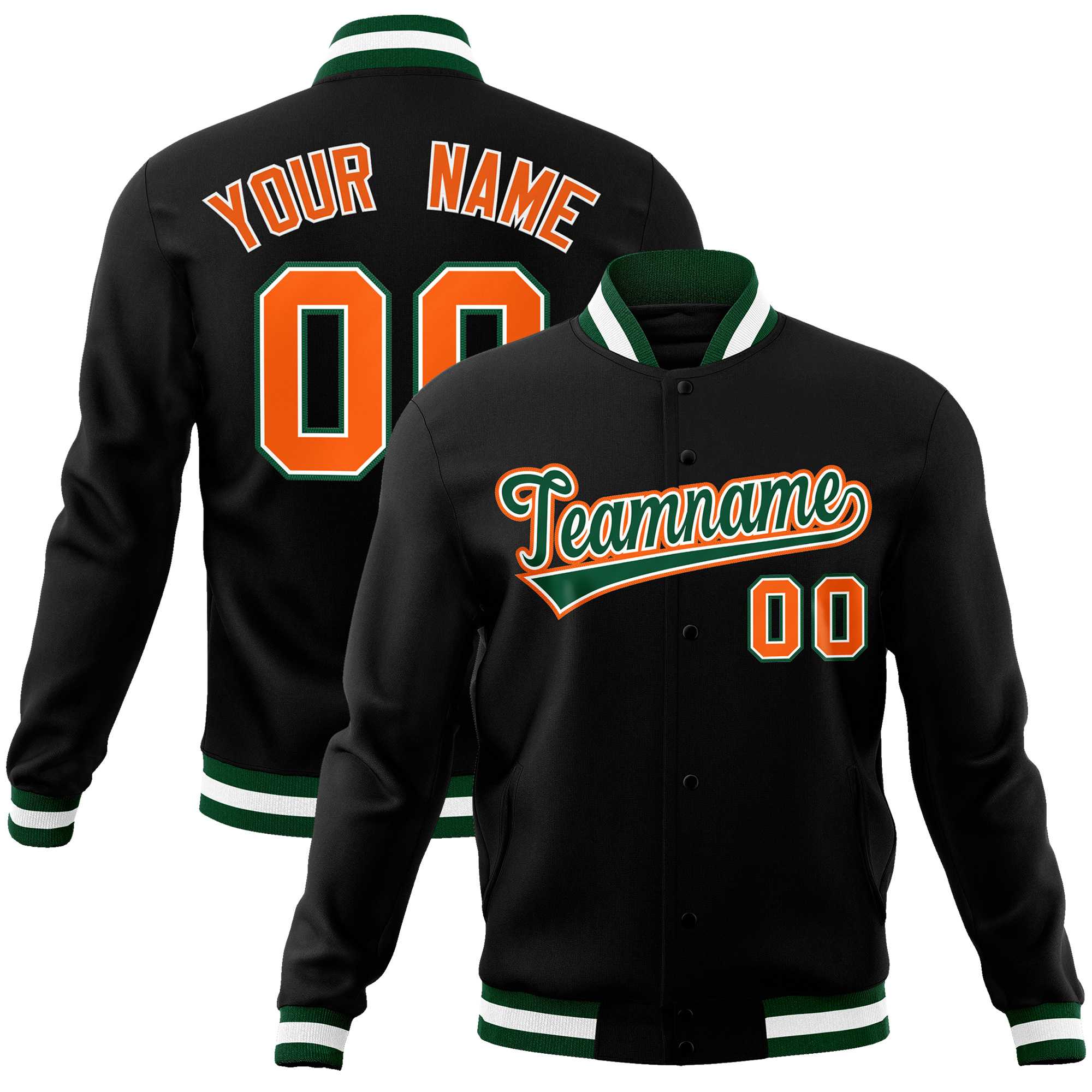 Custom Black Green-Orange Classic Style Varsity Full-Snap Letterman Jacket