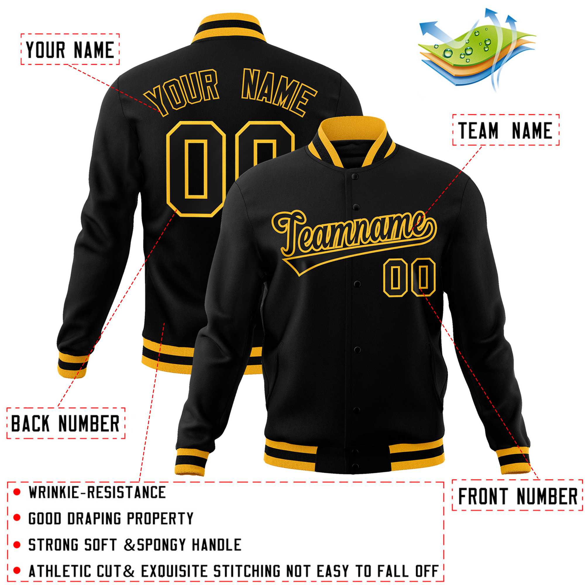 Custom Black Black-Gold Classic Style Varsity Full-Snap Letterman Jacket