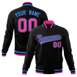 Custom Black Powder Blue-Pink Classic Style Varsity Full-Snap Letterman Jacket