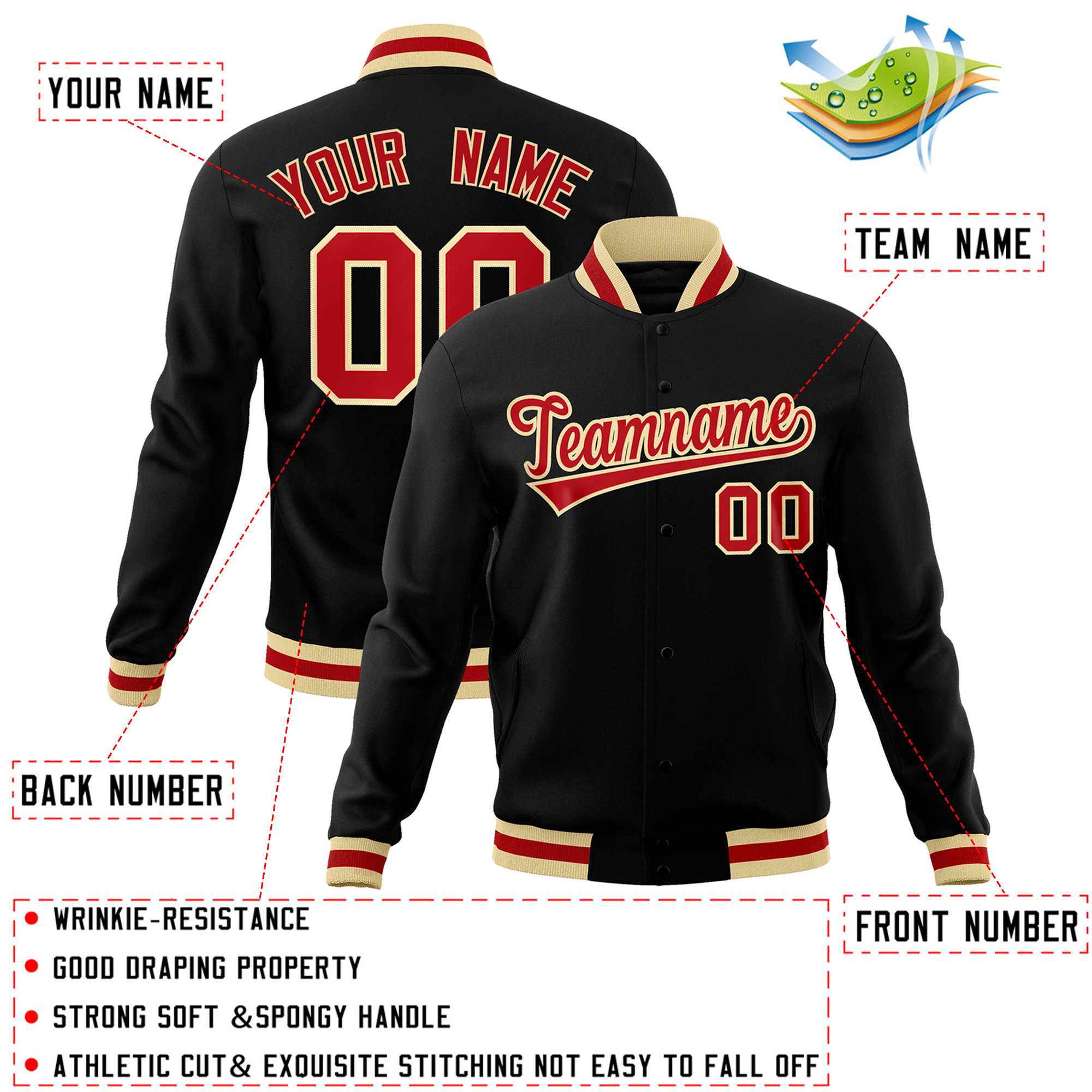 Custom Black Red-Khaki Classic Style Varsity Full-Snap Letterman Jacket