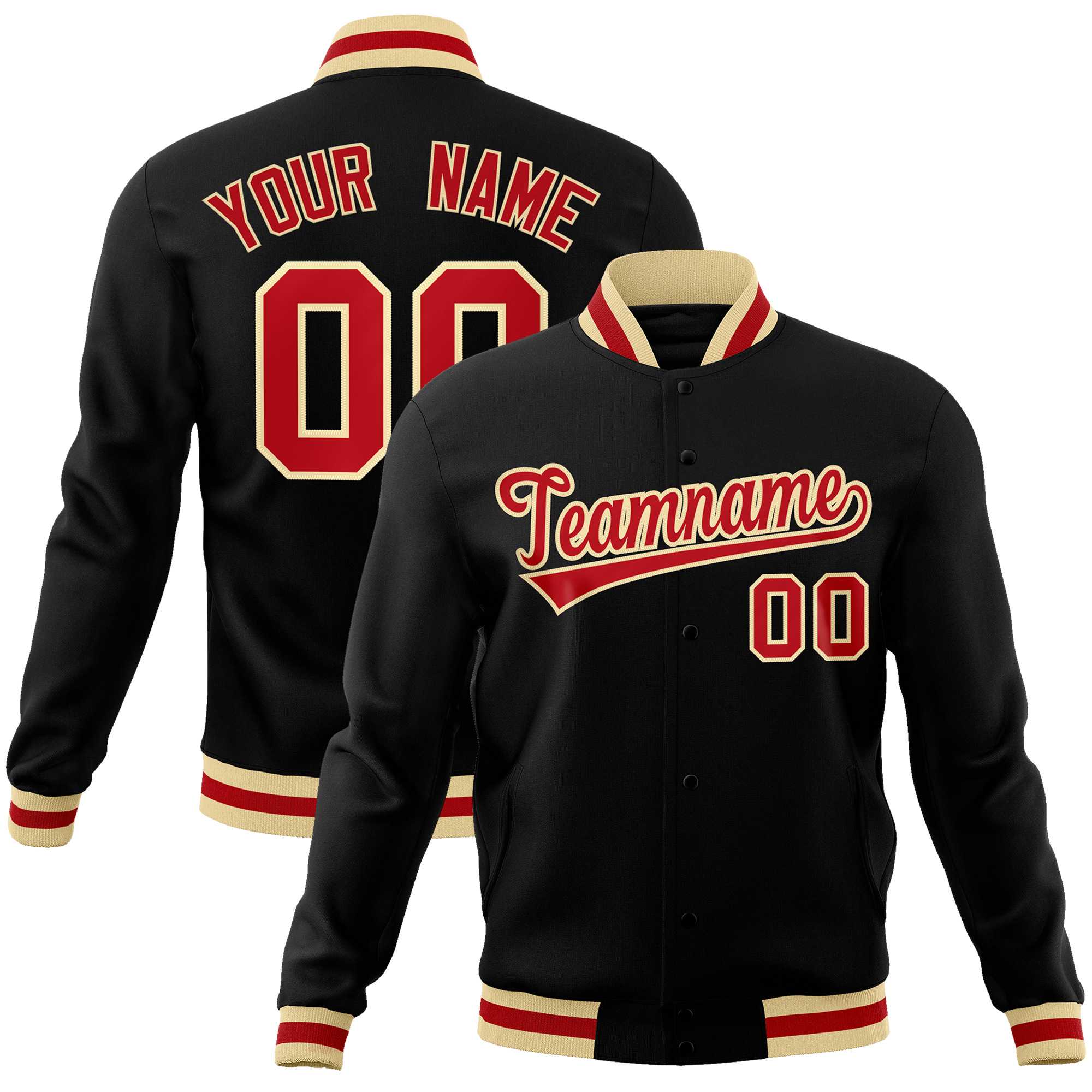 Custom Black Red-Khaki Classic Style Varsity Full-Snap Letterman Jacket