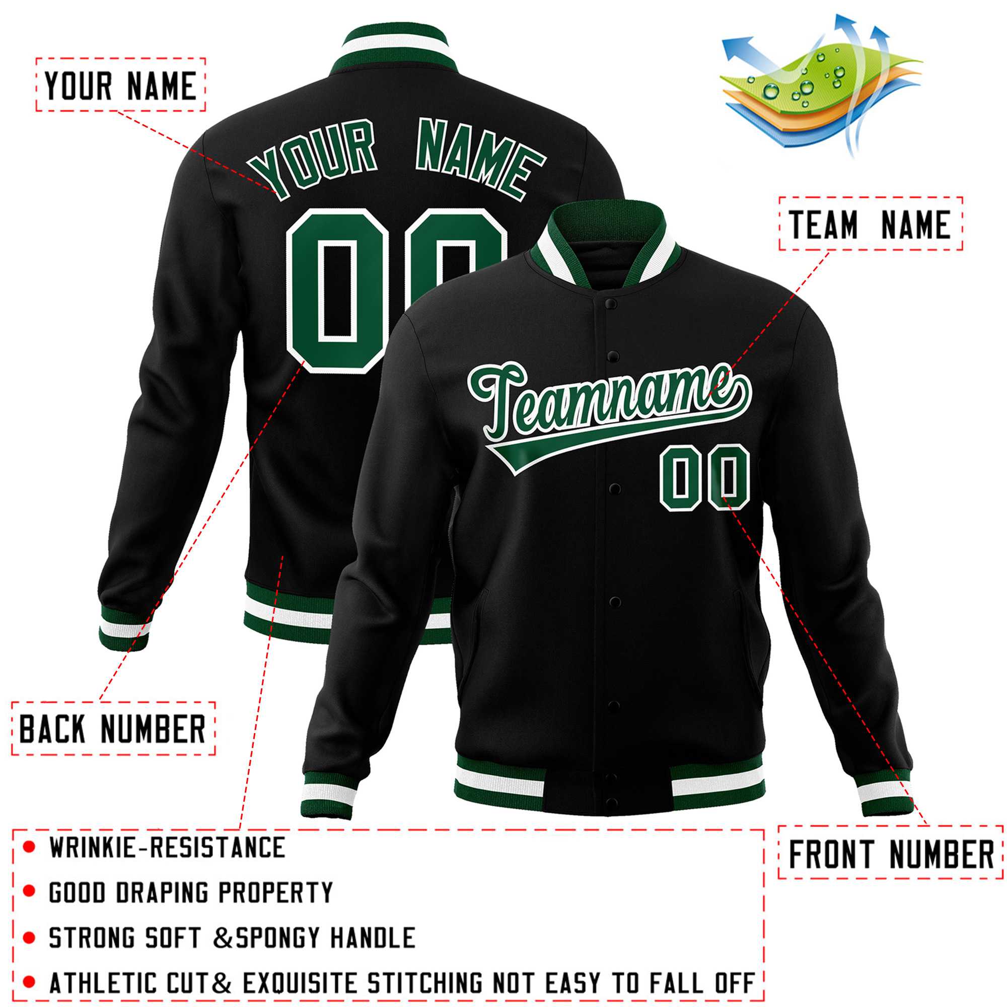 Custom Black Green-White Classic Style Varsity Full-Snap Letterman Jacket