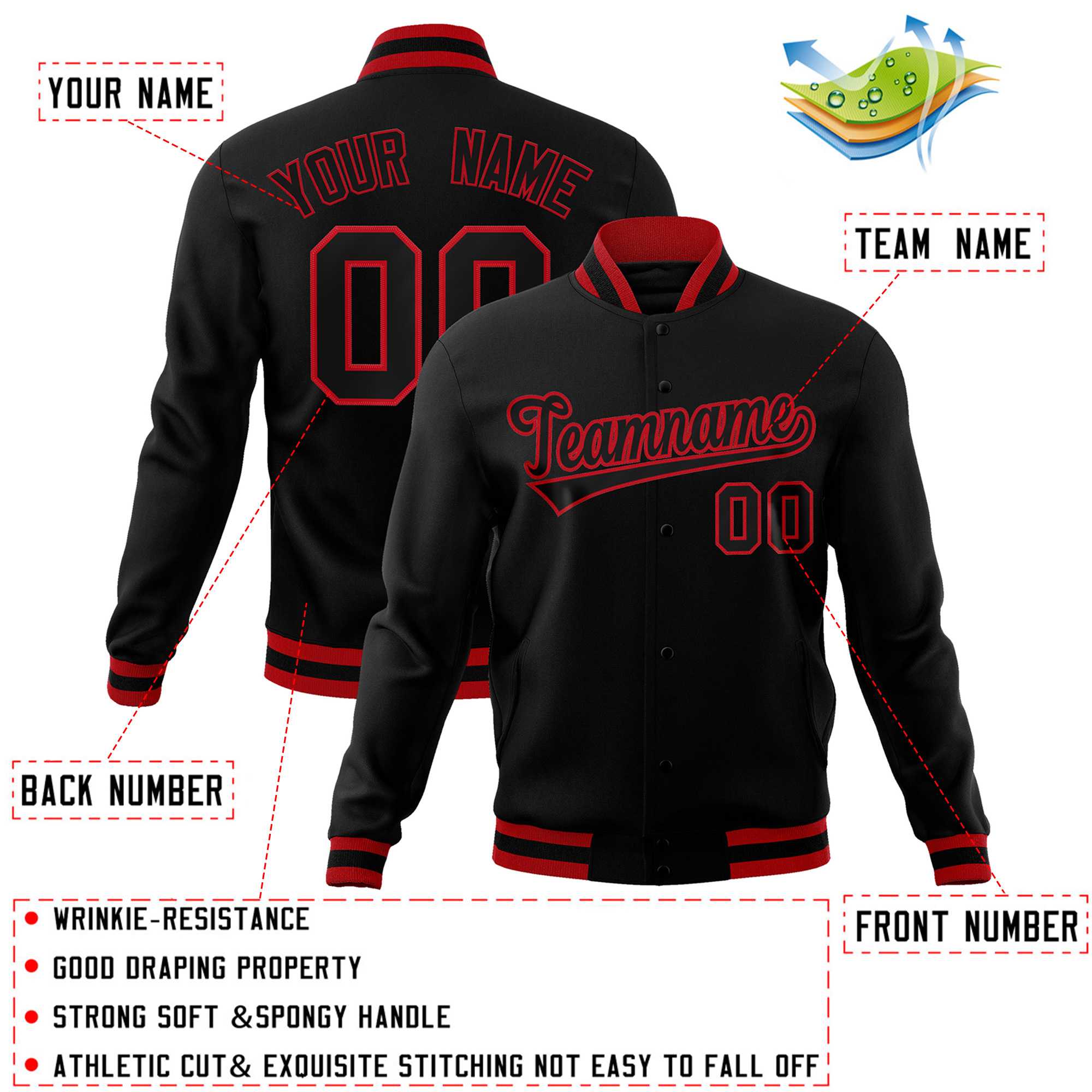 Veste Letterman Varsity Full-Snap personnalisée noir-rouge de style classique