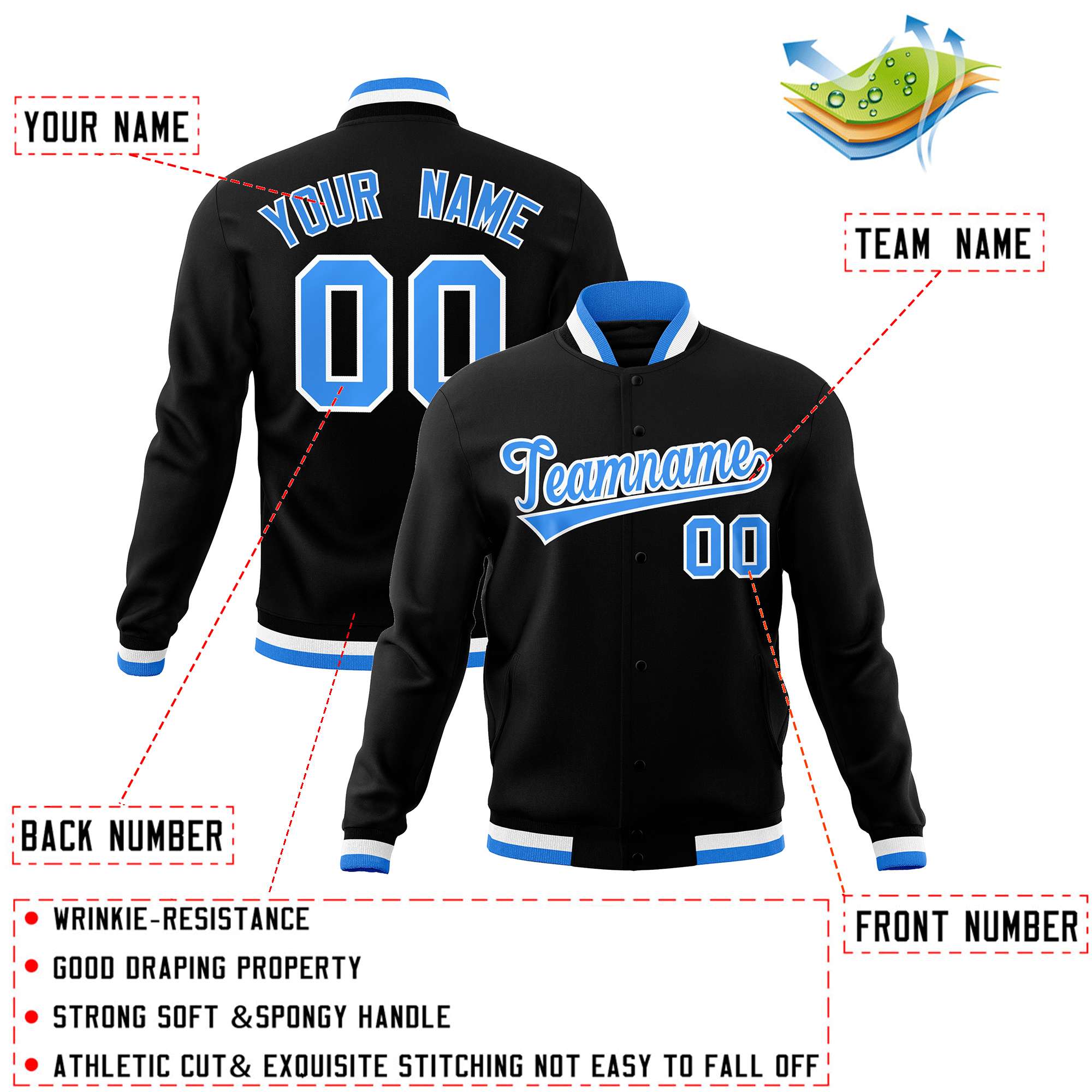 Custom Black Powder Blue-White Classic Style Varsity Full-Snap Letterman Jacket