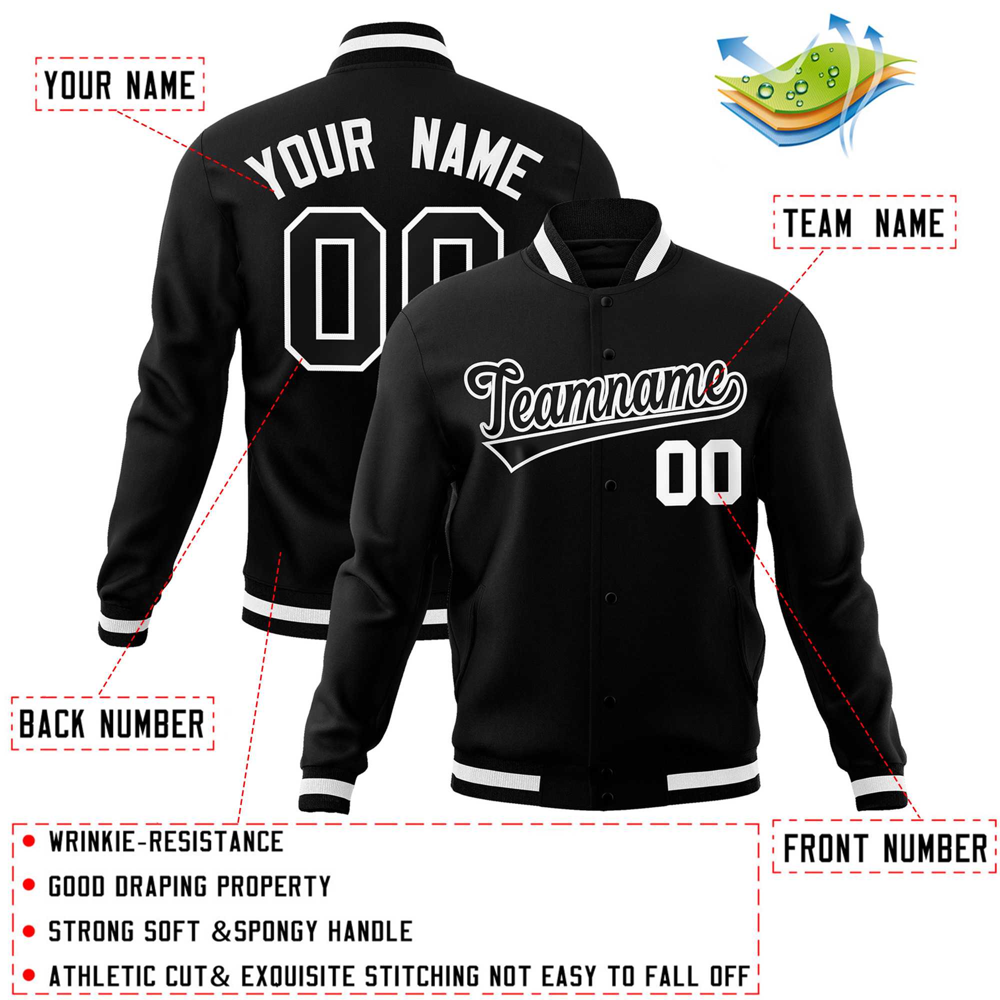 Custom Black Black-White Classic Style Varsity Full-Snap Letterman Jacket