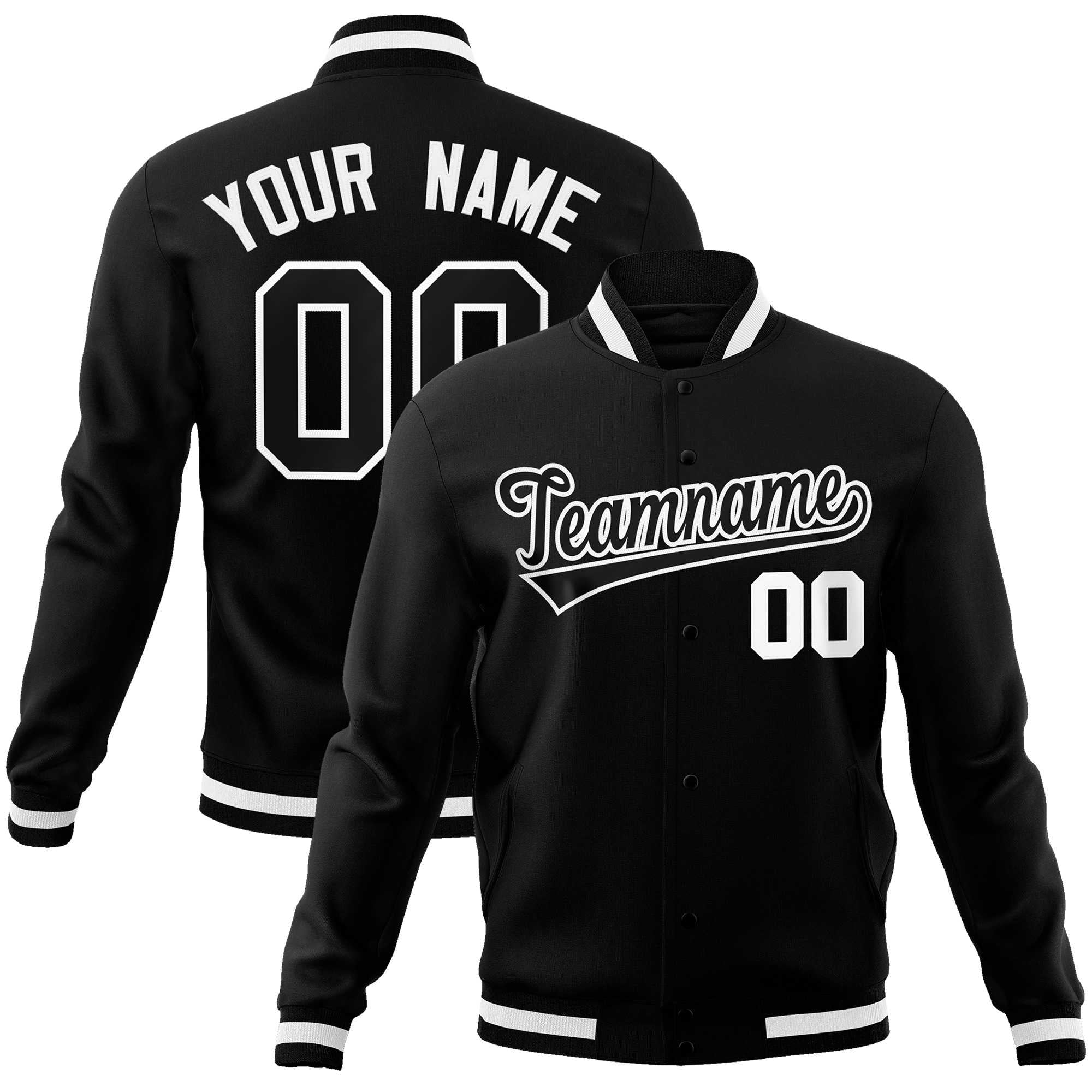 Custom Black Black-White Classic Style Varsity Full-Snap Letterman Jacket