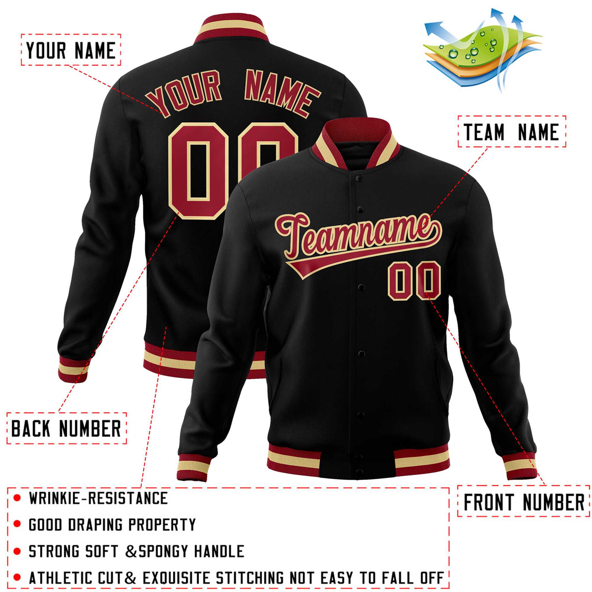 Custom Black Crimson-Khaki Classic Style Varsity Full-Snap Letterman Jacket