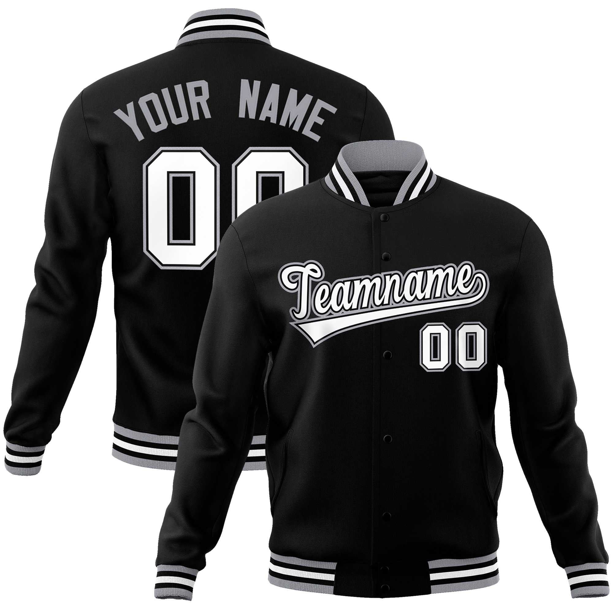 Custom Black White-Gray Classic Style Varsity Full-Snap Letterman Jacket