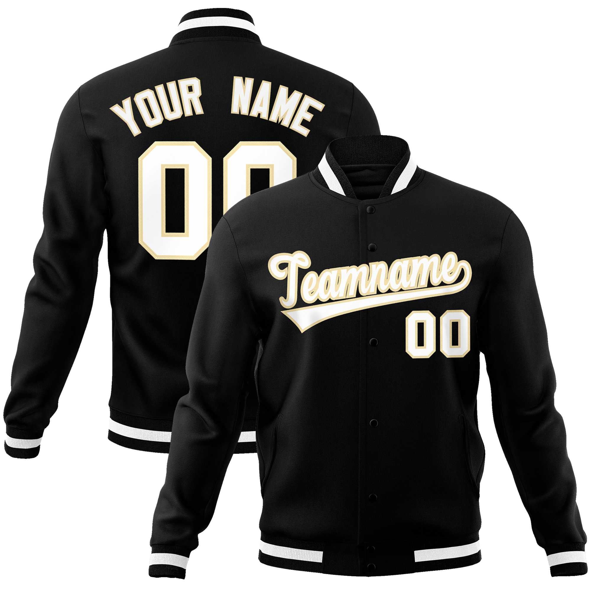 Custom Black White-Khaki Classic Style Varsity Full-Snap Letterman Jacket