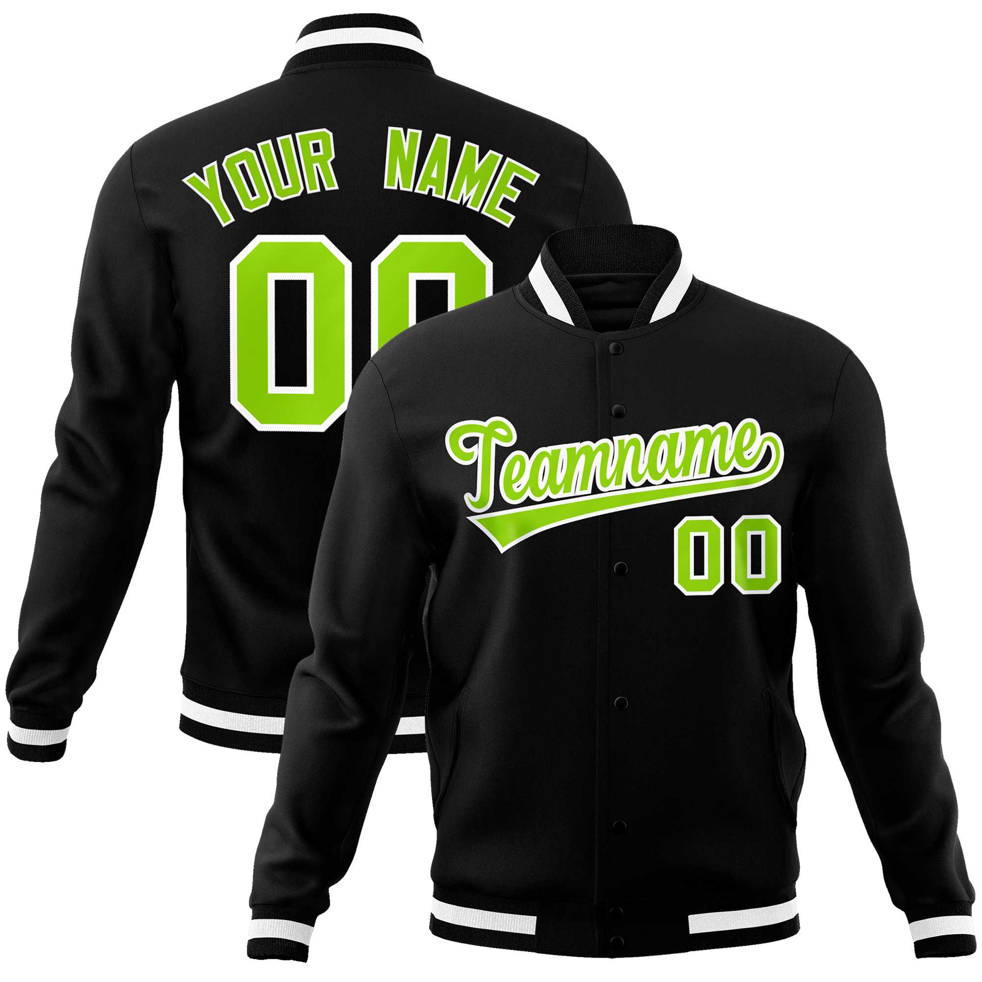 Custom Black Neon Green-White Classic Style Varsity Full-Snap Letterman Jacket