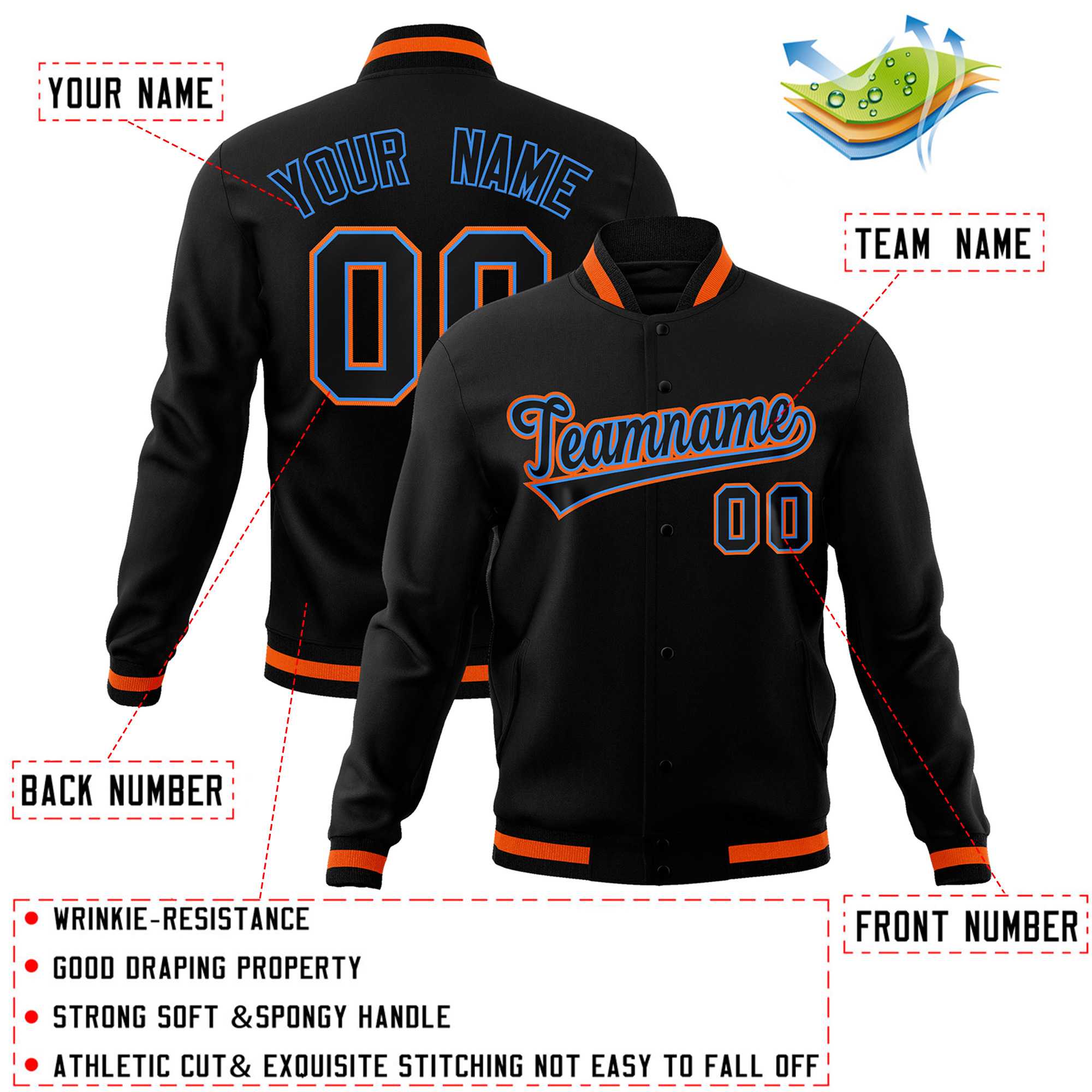 Custom Black Black-Orange Classic Style Varsity Full-Snap Letterman Jacket