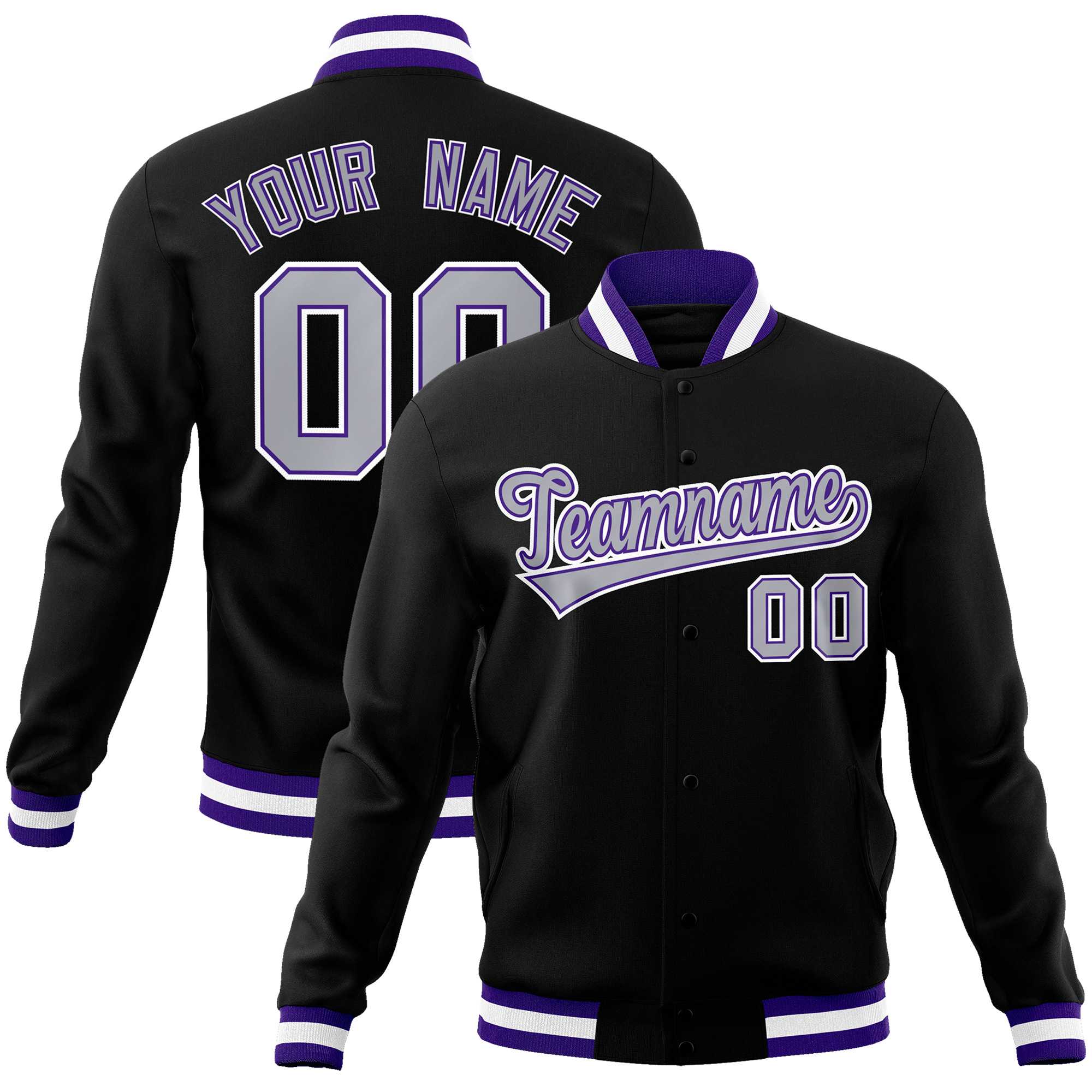 Custom Black Gray-White Classic Style Varsity Full-Snap Letterman Jacket