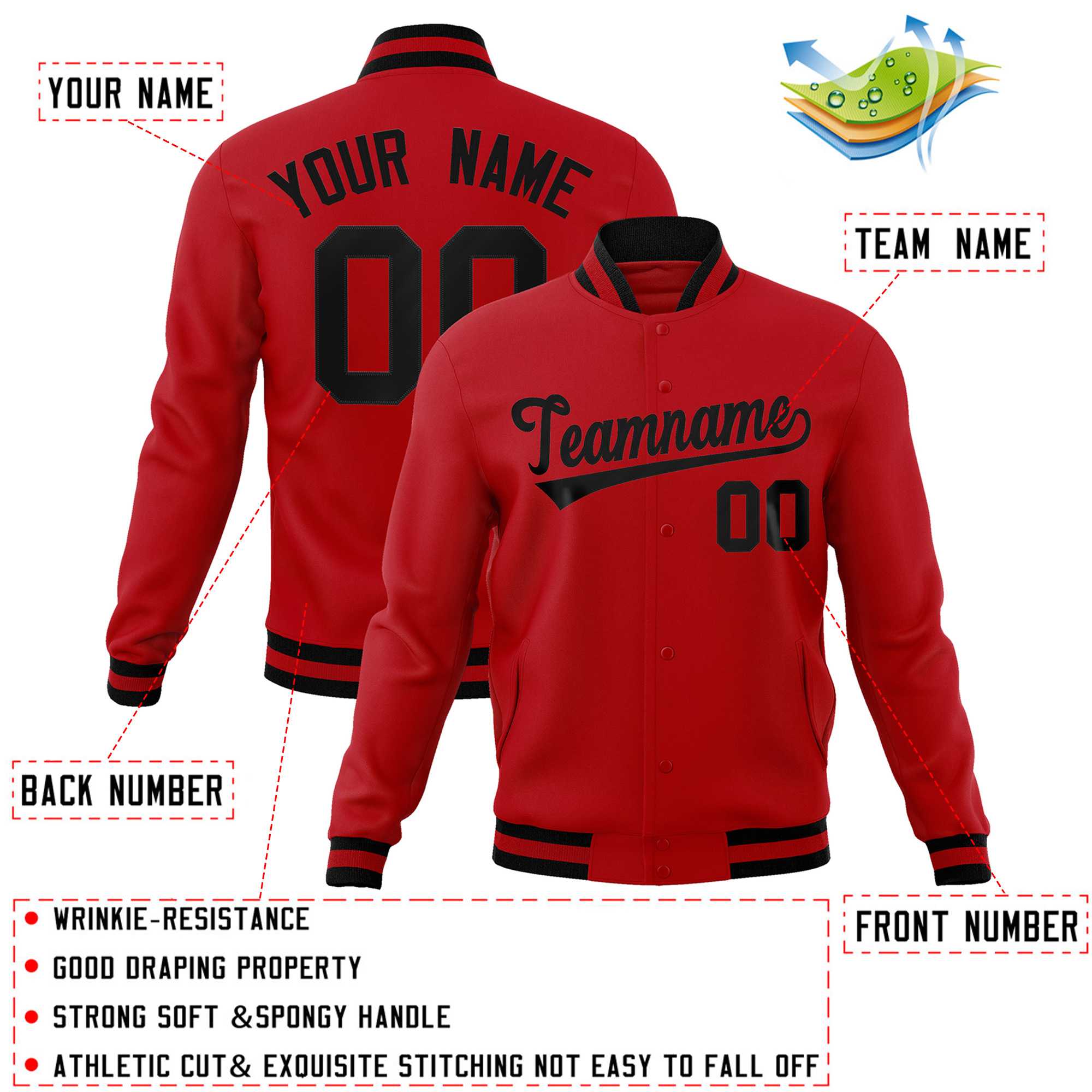 Custom Red Black Classic Style Varsity Full-Snap Letterman Jacket