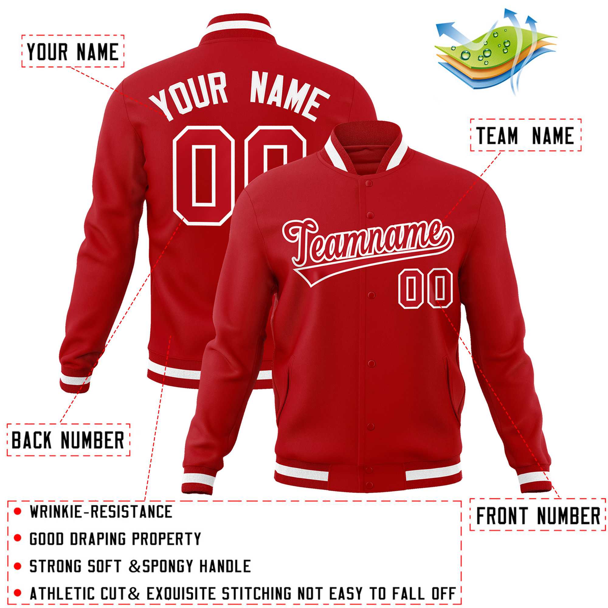 Custom Red Red-White Classic Style Varsity Full-Snap Letterman Jacket