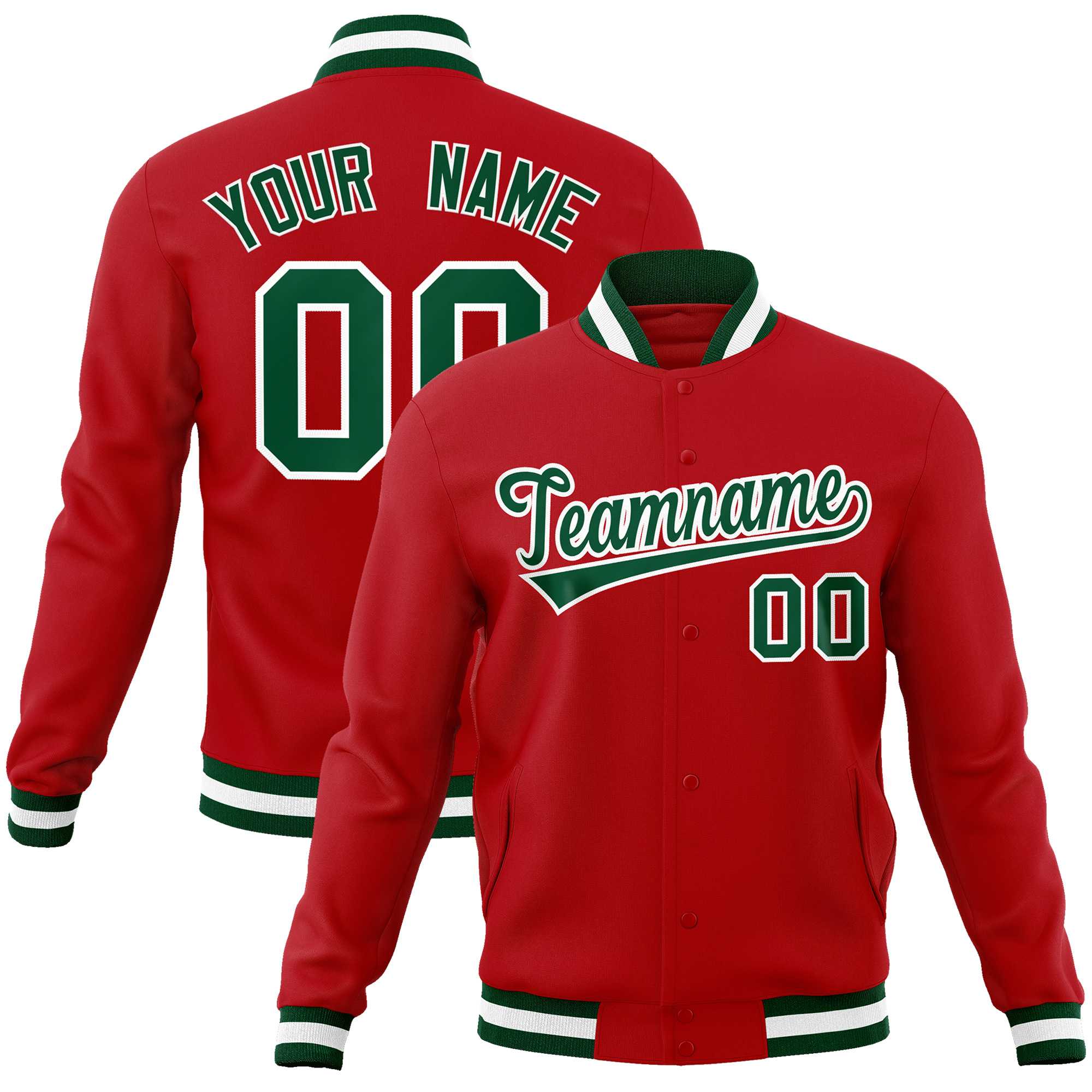 Custom Red Green-White Classic Style Varsity Full-Snap Letterman Jacket