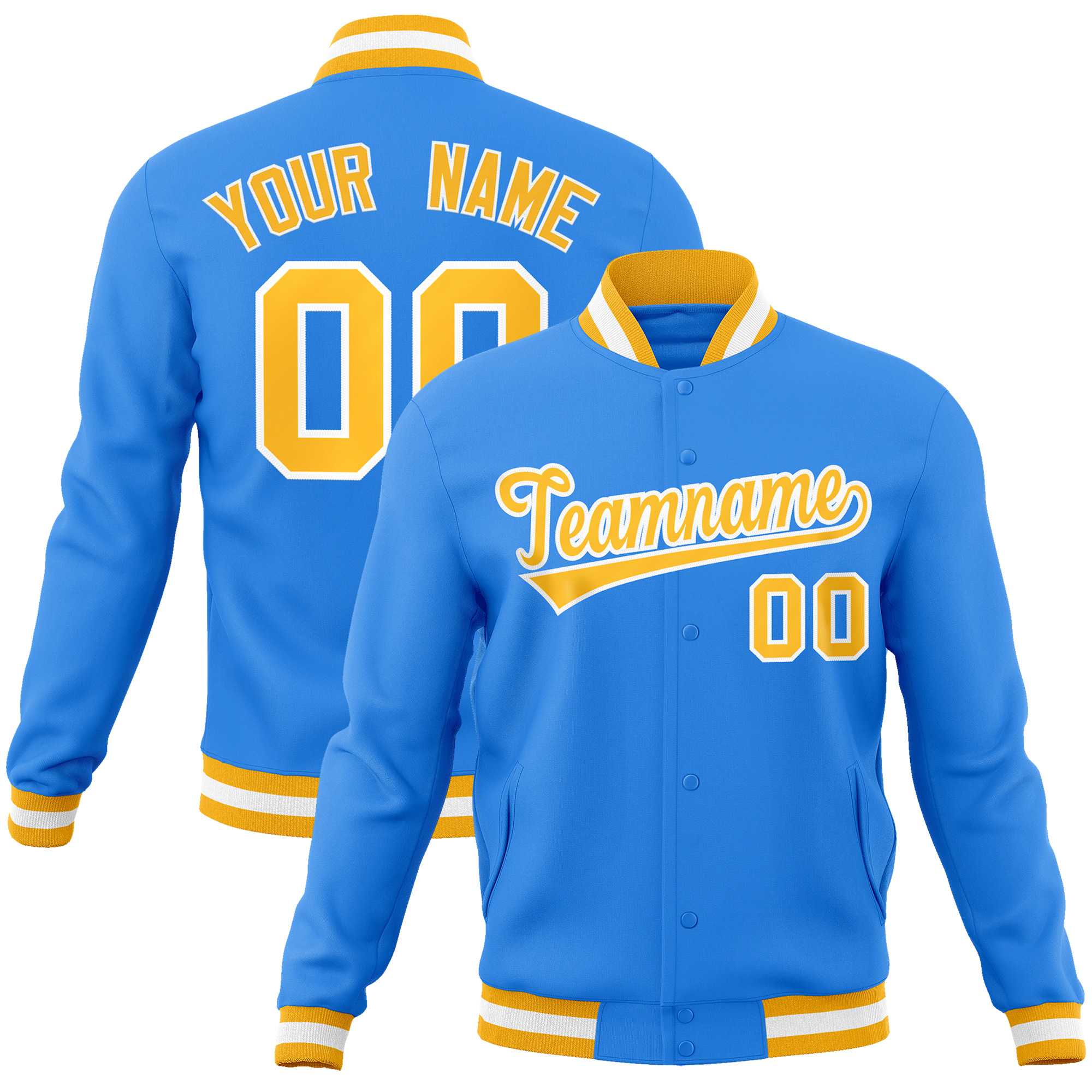 Custom Powder Blue Gold-White Classic Style Varsity Full-Snap Letterman Jacket