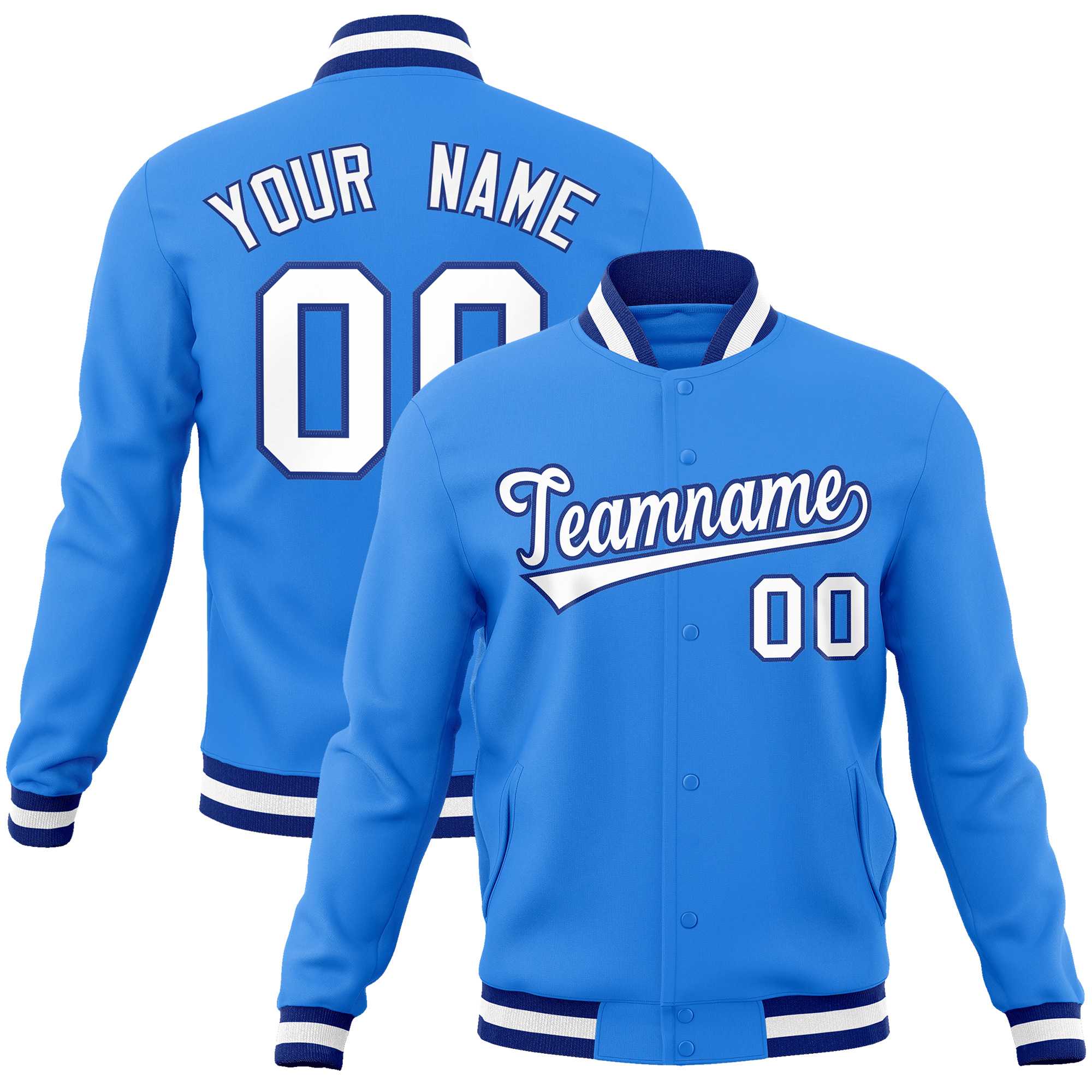 Custom Powder Blue White-Royal Classic Style Varsity Full-Snap Letterman Jacket