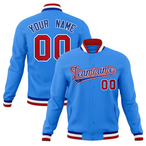 Custom Powder Blue Royal-Red Classic Style Varsity Full-Snap Letterman Jacket