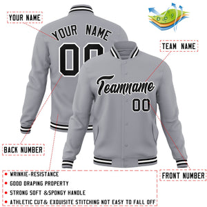 Veste Letterman personnalisée gris noir-blanc de style classique à bouton-pression