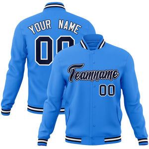 Custom Powder Blue Navy-White Classic Style Varsity Full-Snap Letterman Jacket