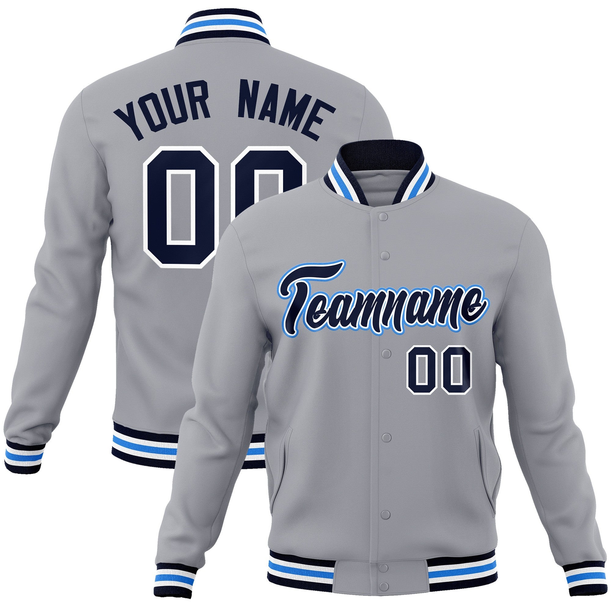 Custom Gray Navy-White Classic Style Varsity Full-Snap Letterman Jacket