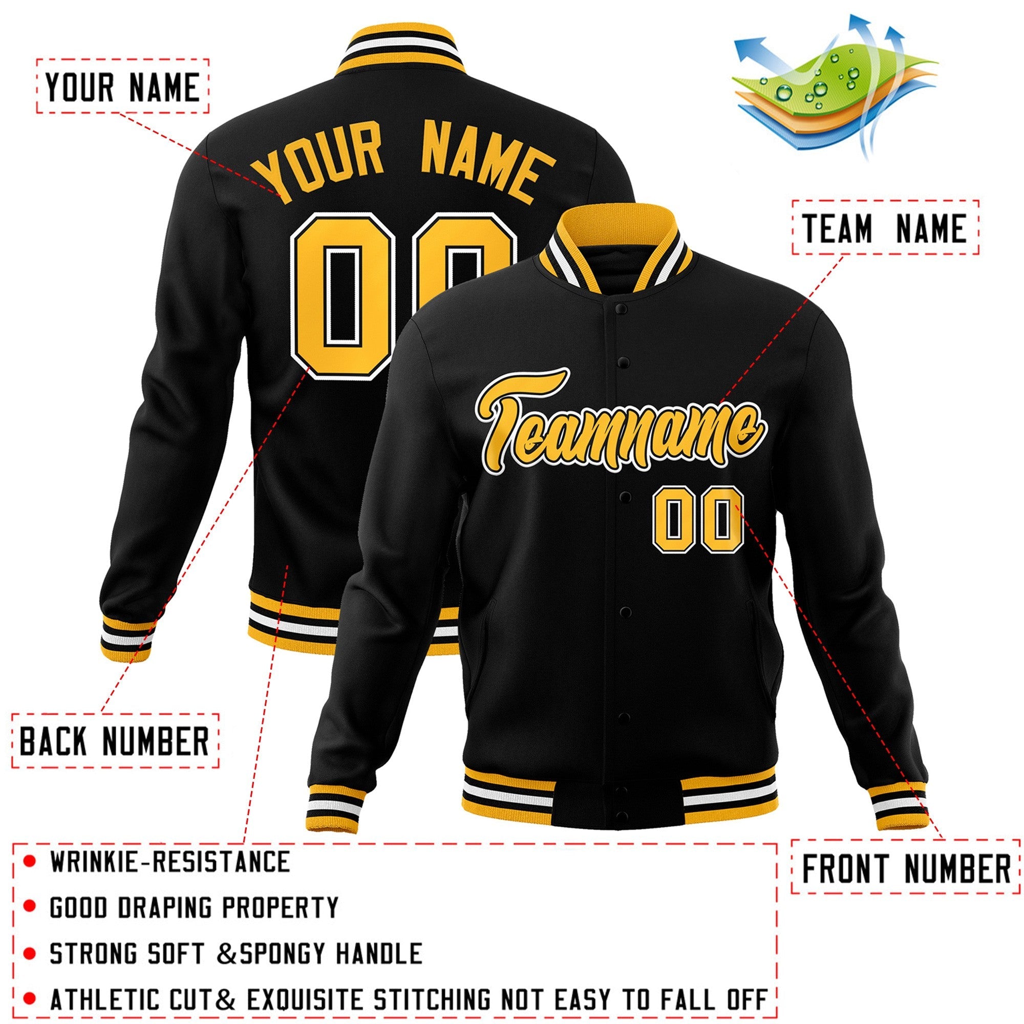 Custom Black Gold-Black Classic Style Varsity Full-Snap Letterman Jacket